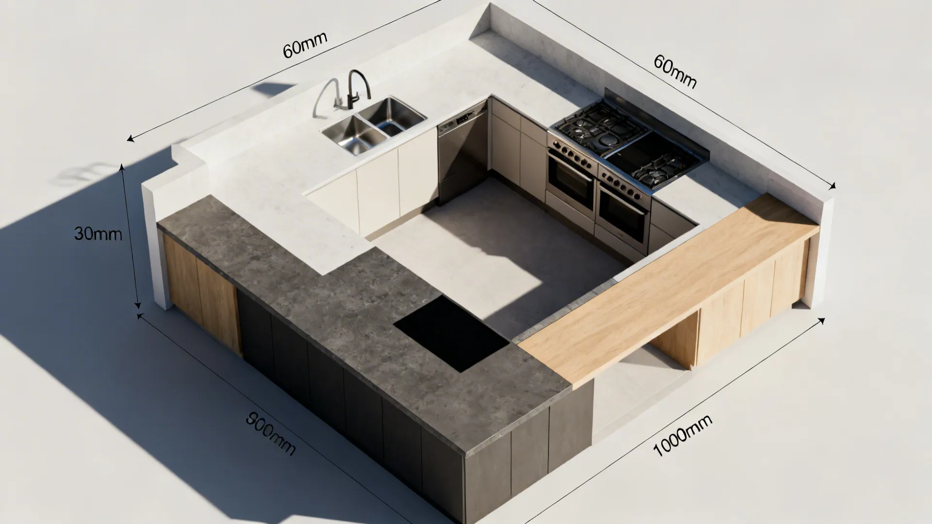 Top-down view of a compact U-shaped kitchen showing tiered counter zones and clear aisles.