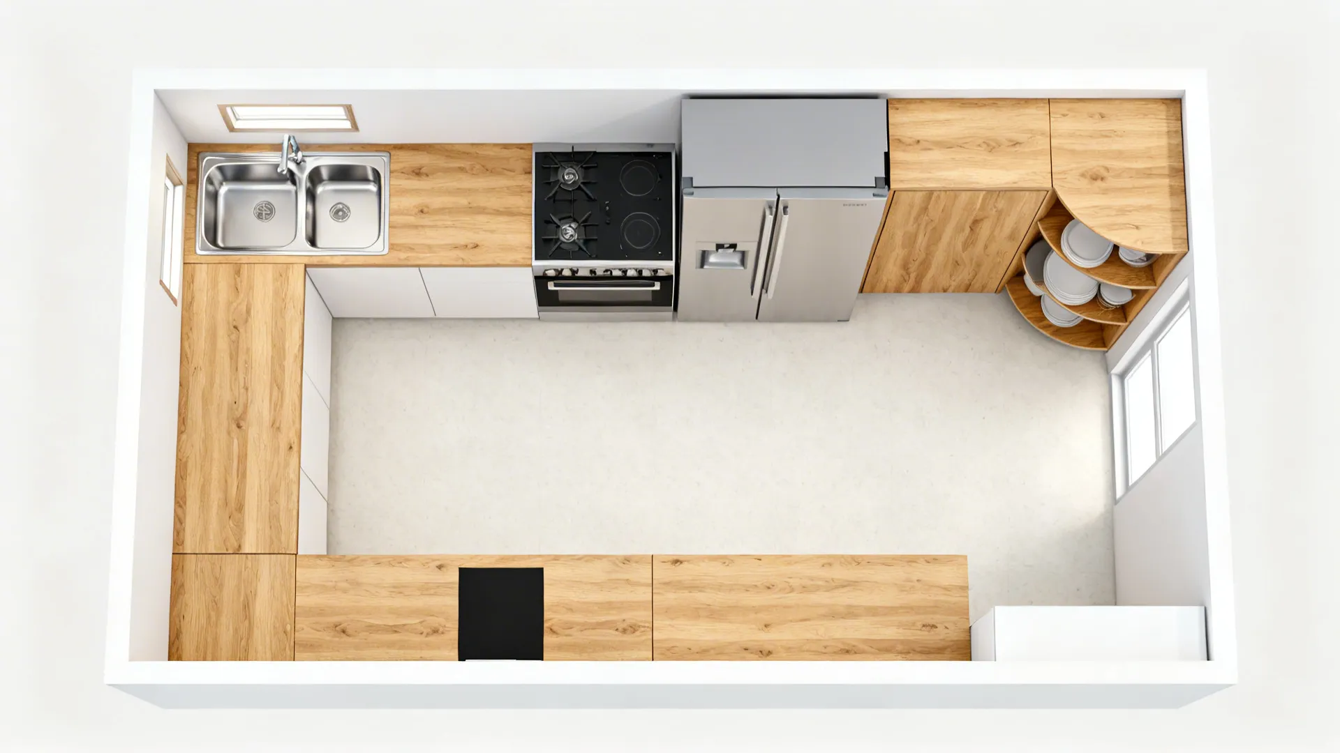 Top-down view of a compact U-shaped kitchen with clear work triangle.