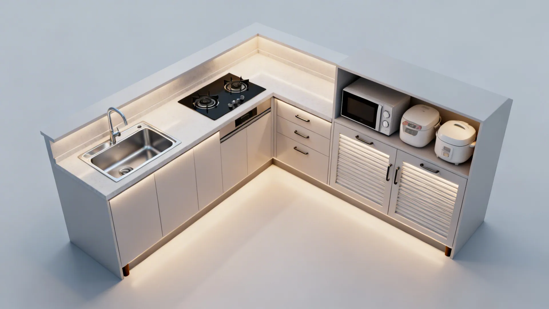 Top-down visualization of a U-shaped kitchen showing an efficient work triangle and utility niche.
