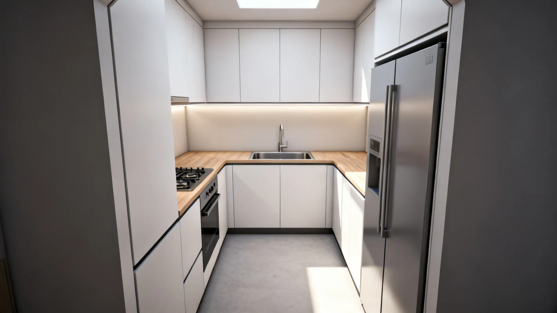 Compact U-shaped kitchen with a clear work triangle and a comfortable 40-inch aisle.