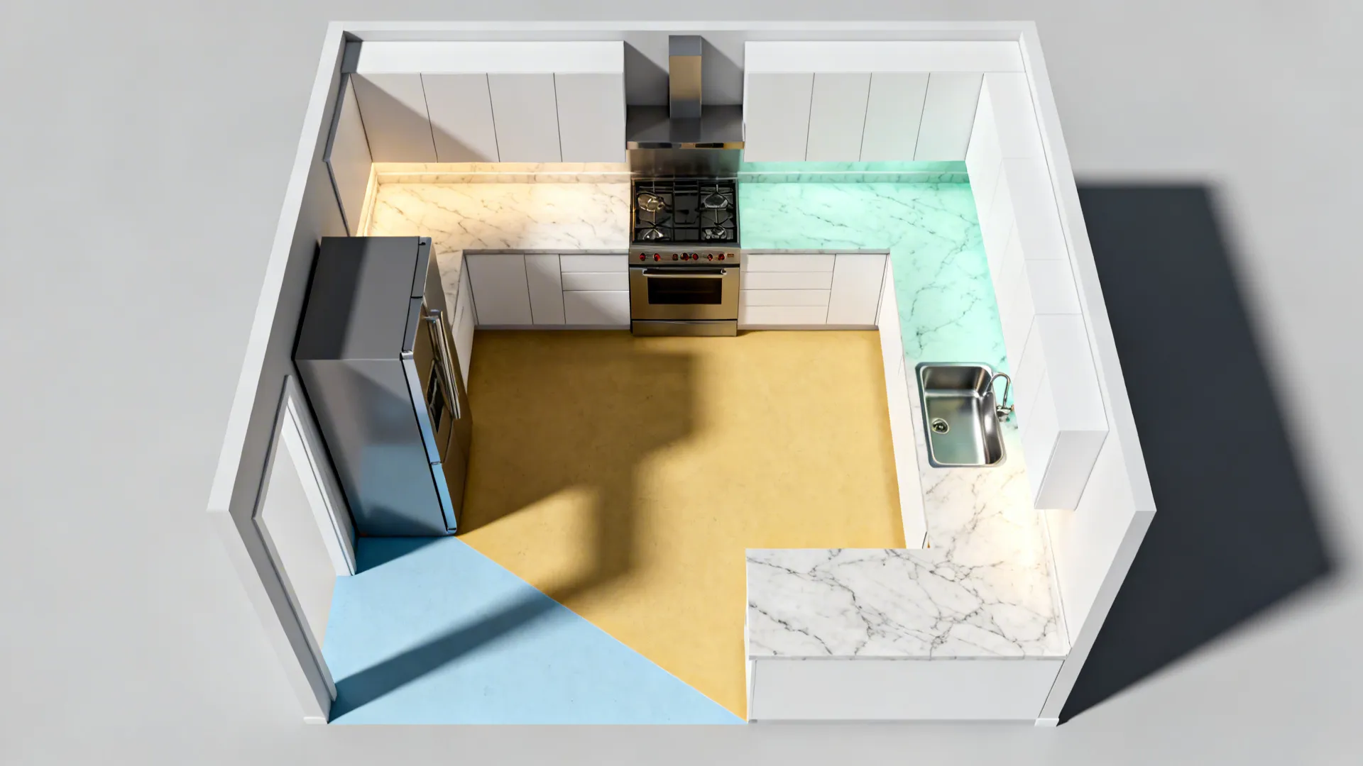 Top-down plan of a U-shaped kitchen showing fridge, cooktop, sink, and zoned counter heights.