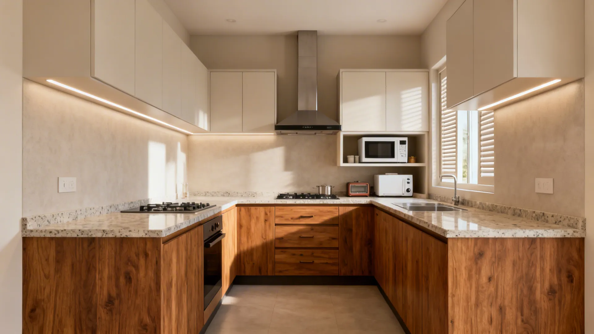 U-shaped compact kitchen with a dedicated utility niche for small appliances.