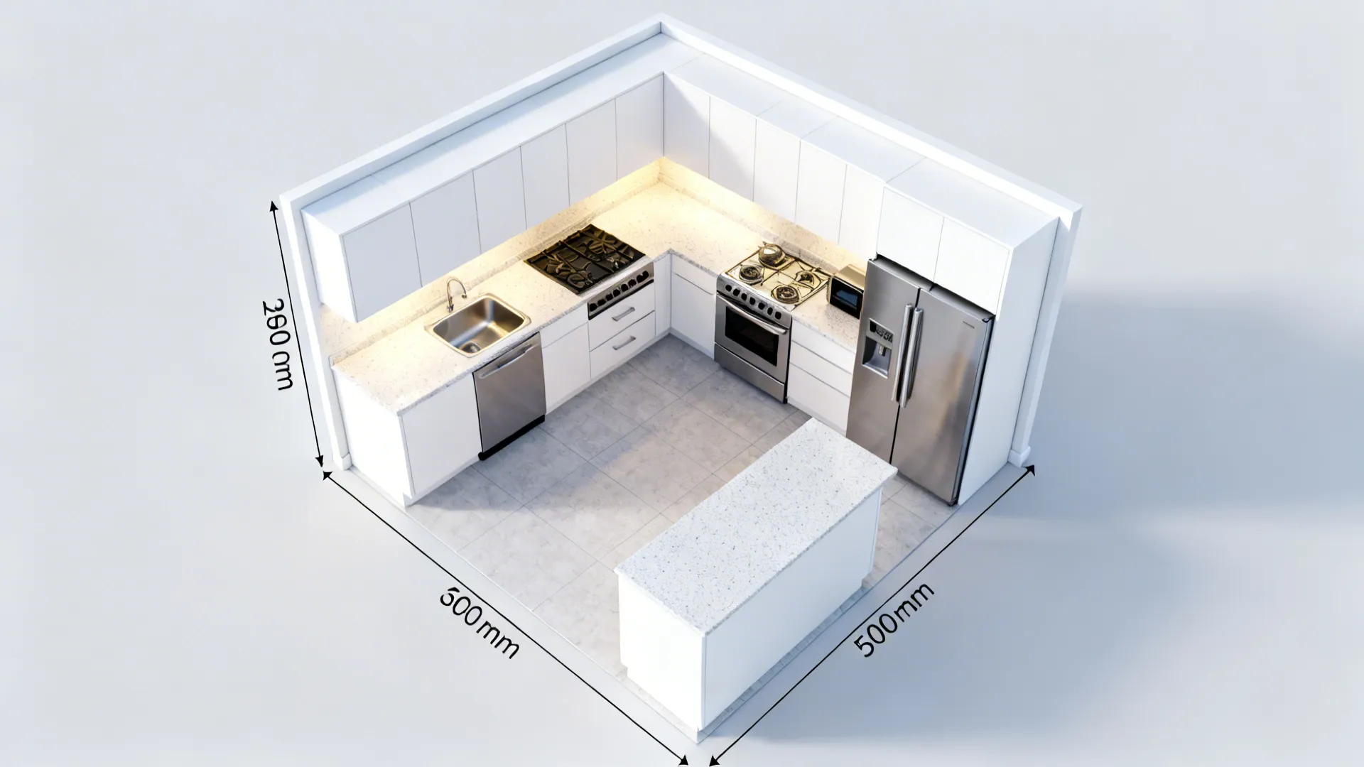 Top-down view of a U-shaped micro kitchen highlighting the work triangle and clear circulation paths.