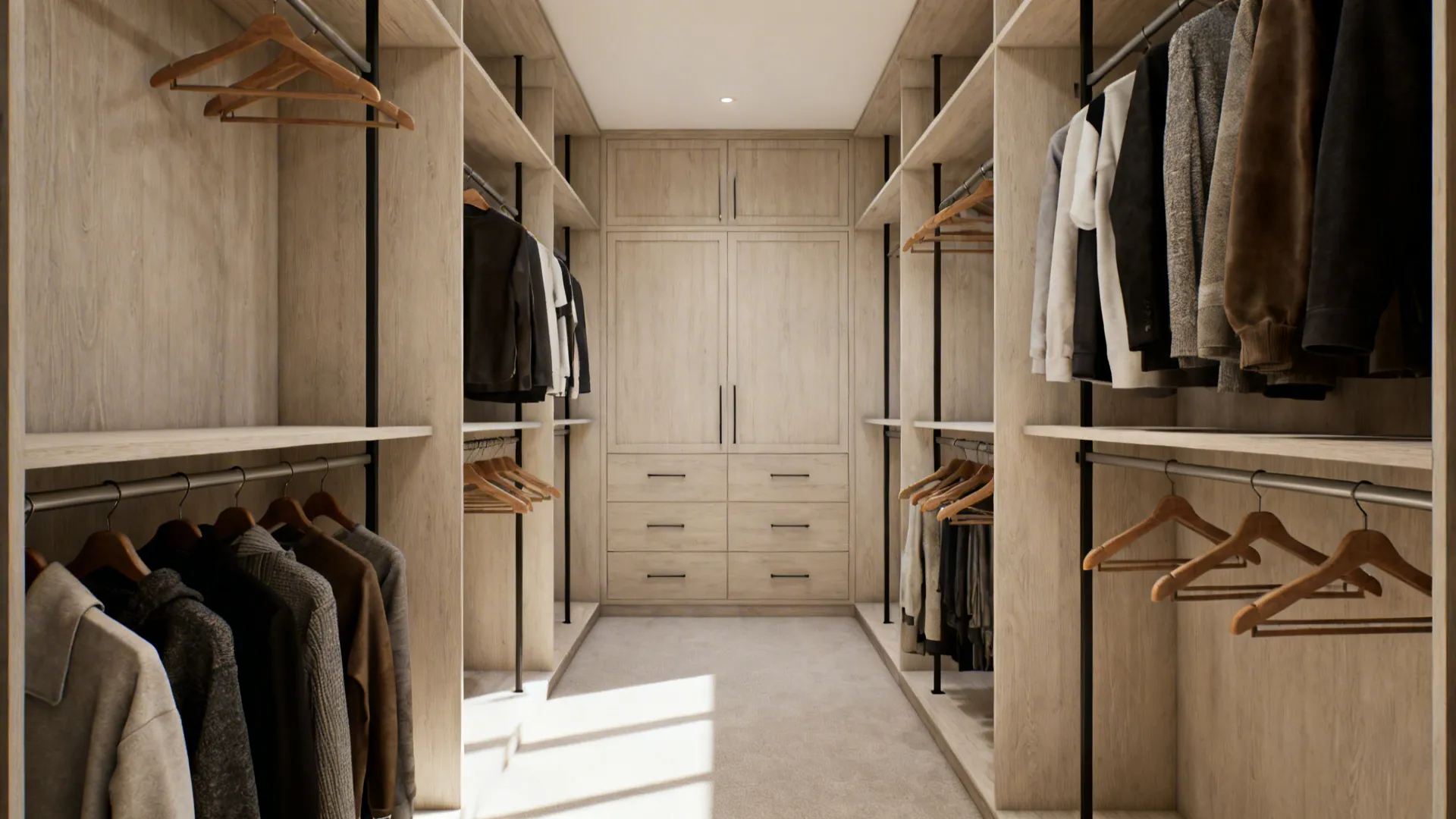 Slim U-shaped walk-in closet with hanging rods, back-wall drawers, and a clear central aisle