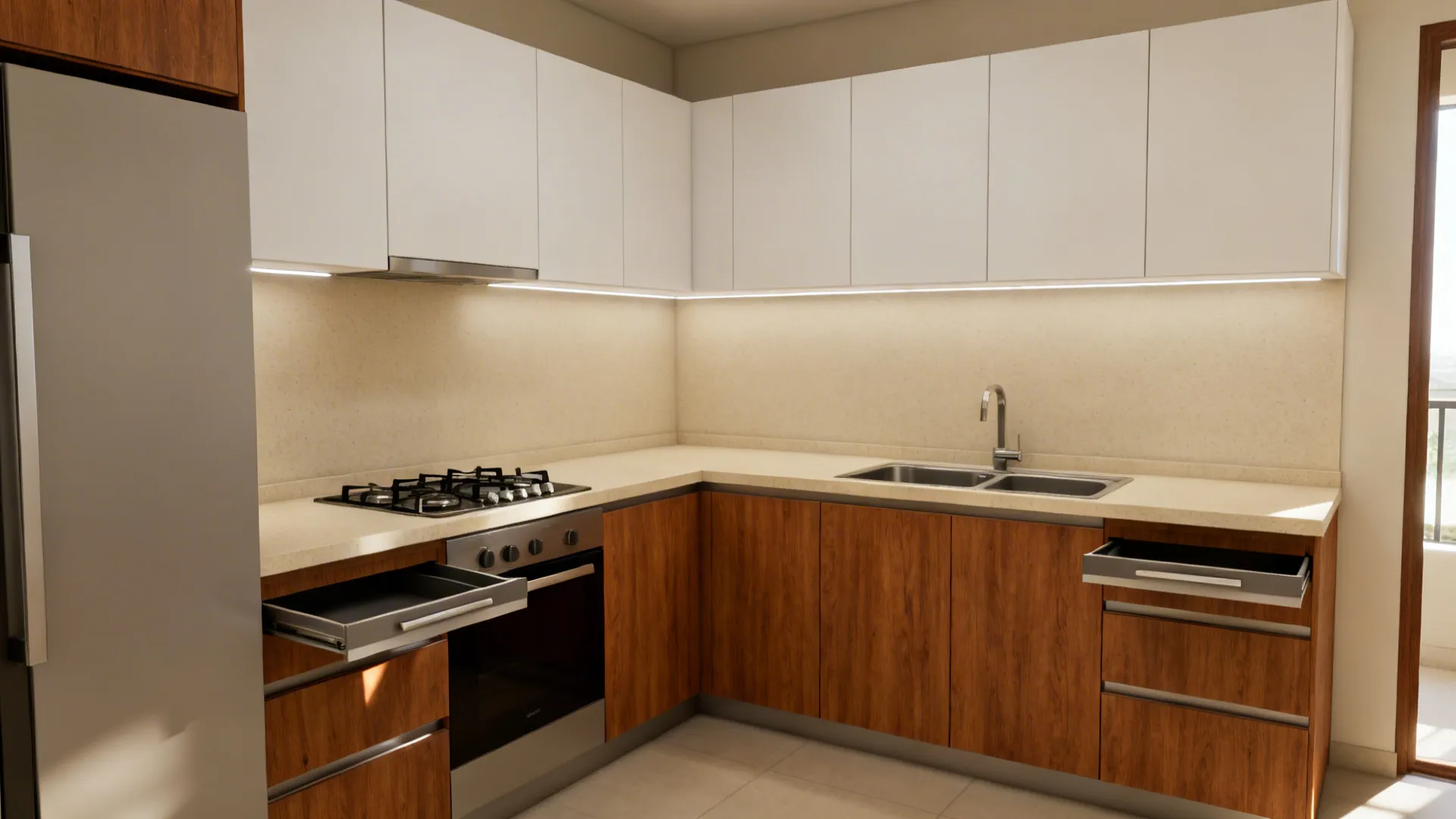 Modern U-shaped kitchen with white upper cabinets wood lower cabinets beige countertop and built-in appliances