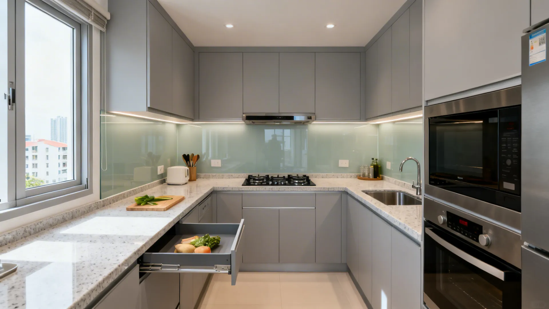 Compact U-shaped HDB kitchen with continuous counters, clear zones, and a corner LeMans tray.
