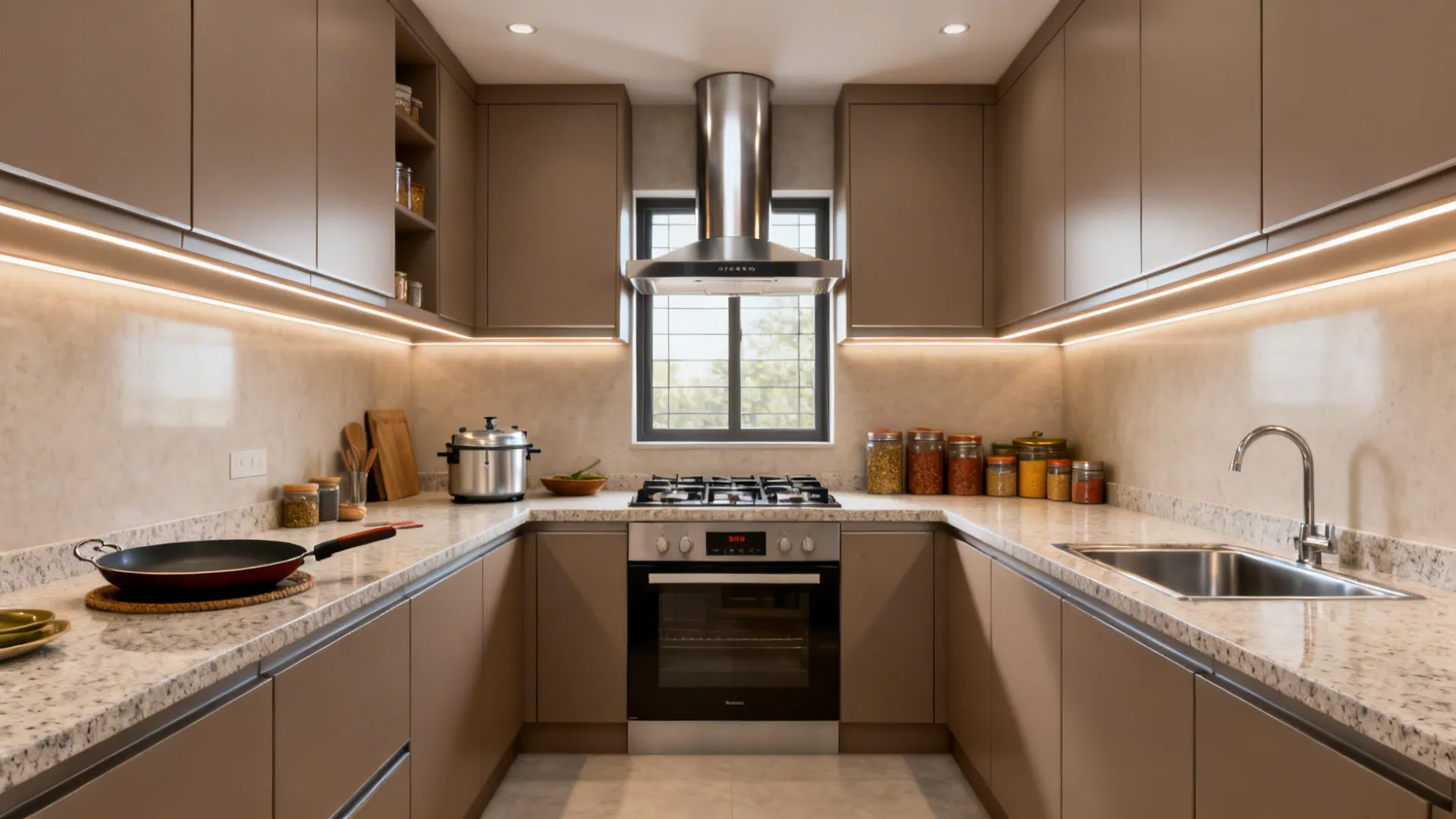 U-shaped Indian kitchen with centered hob, ample counters, and strong ventilation.
