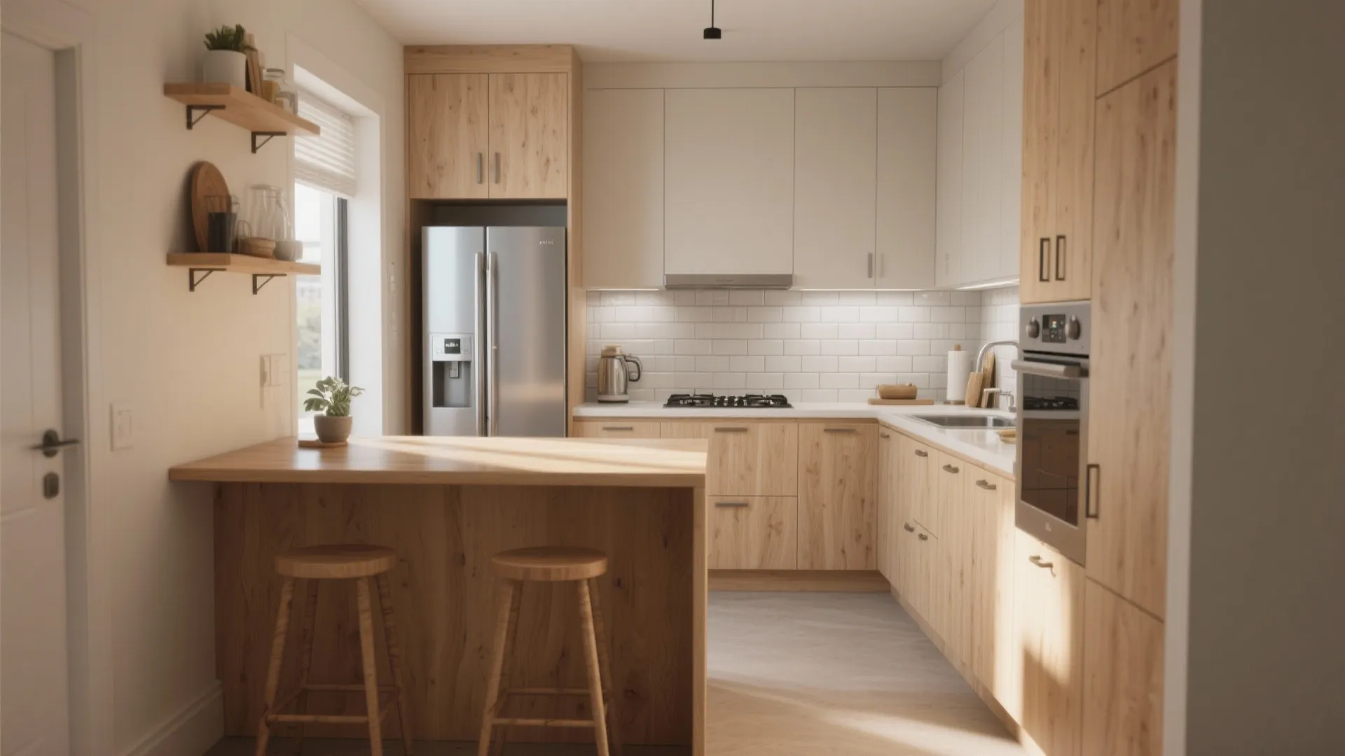 Modern kitchen with wooden cabinets and white countertops plus two wood stools and stainless refrigerator