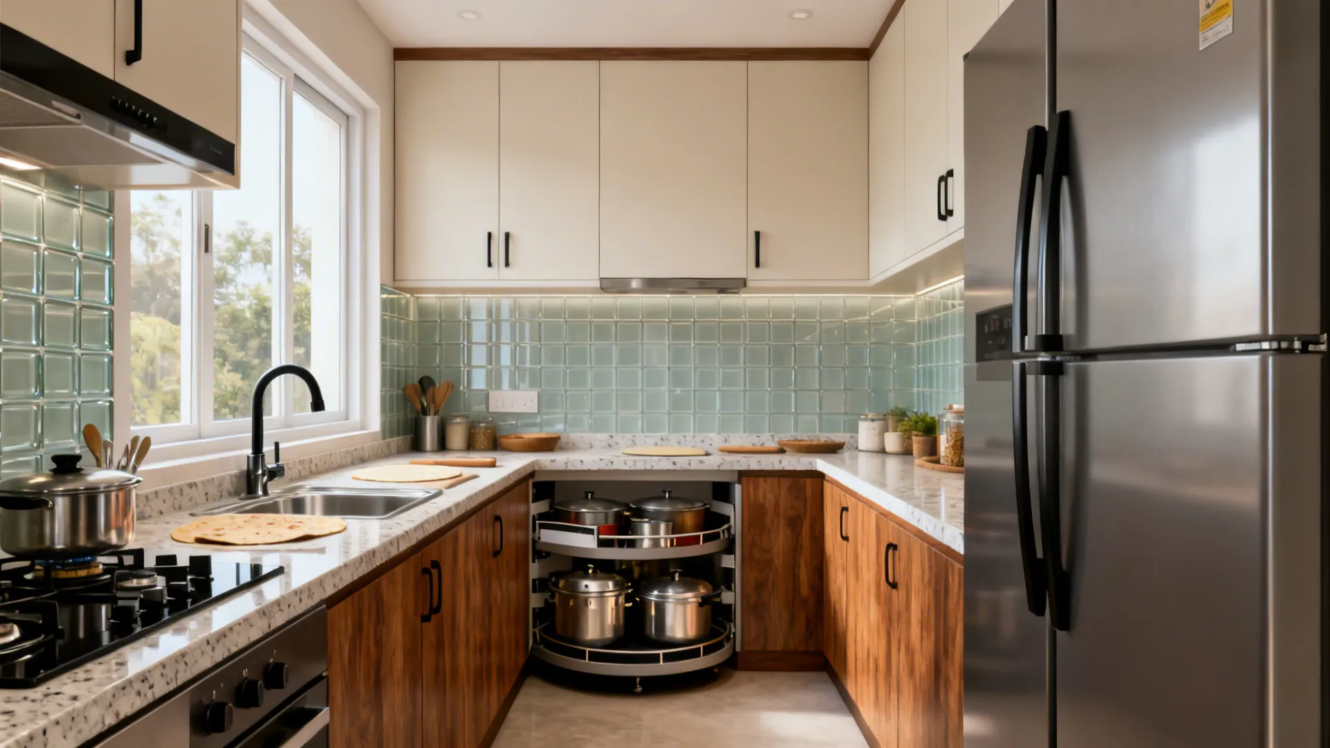 Compact U-shaped Indian kitchen with bright counters and corner storage.