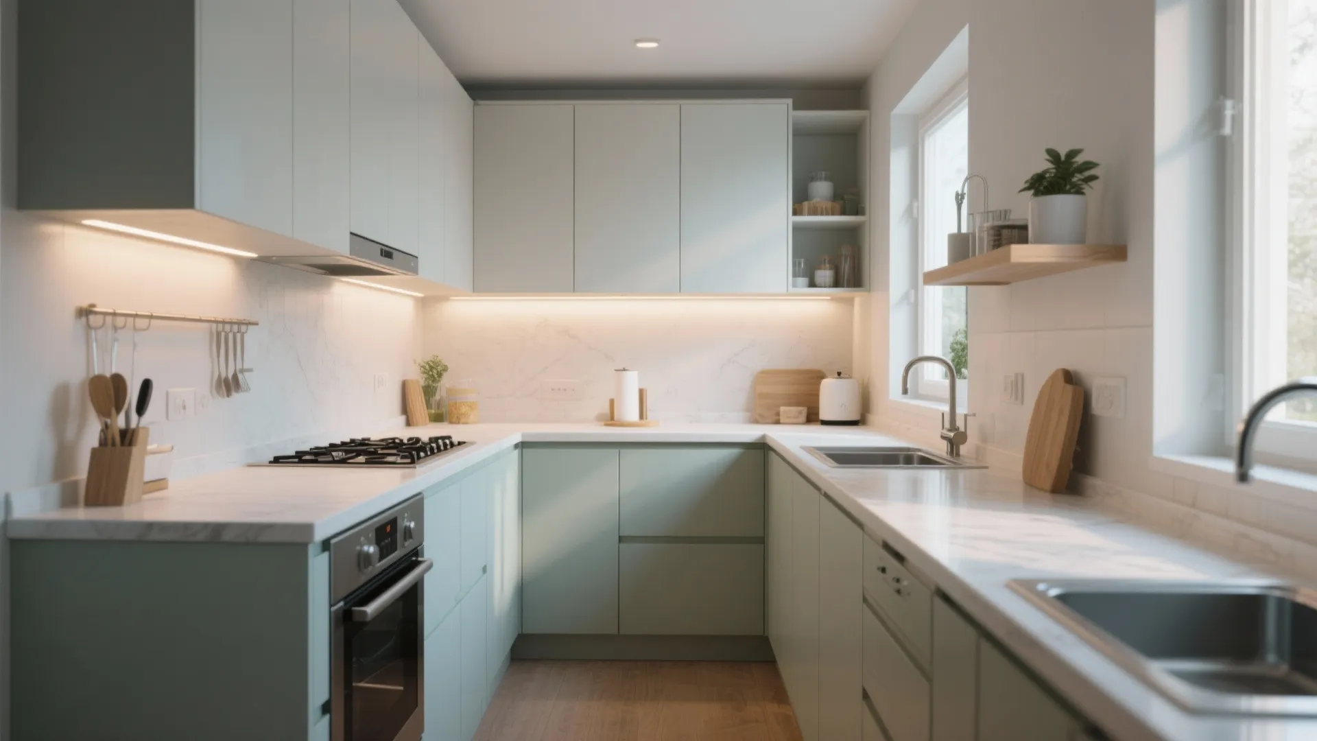 Compact U-shaped kitchen with efficient work zones