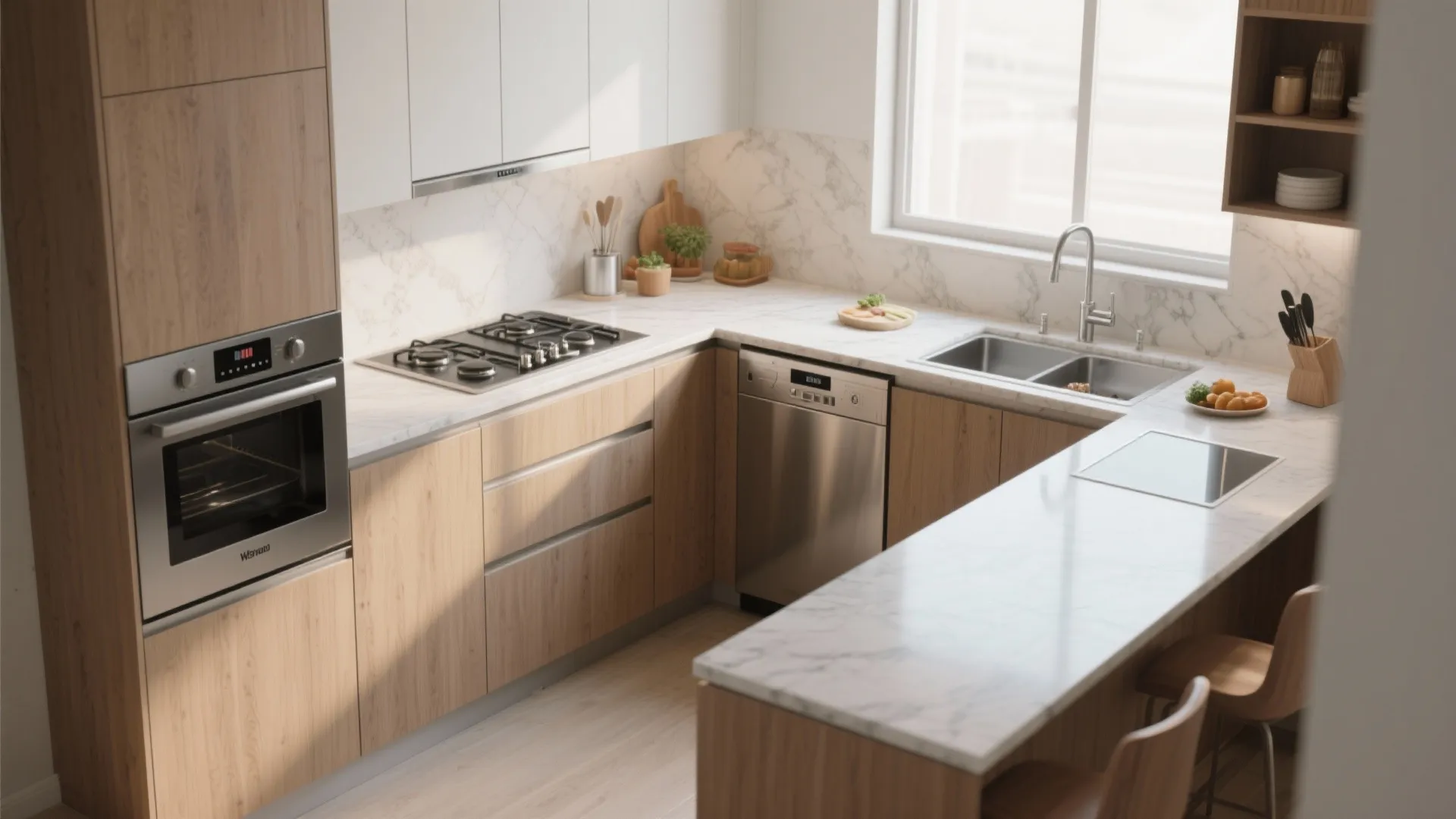 Compact U-shaped kitchen with counters on three sides