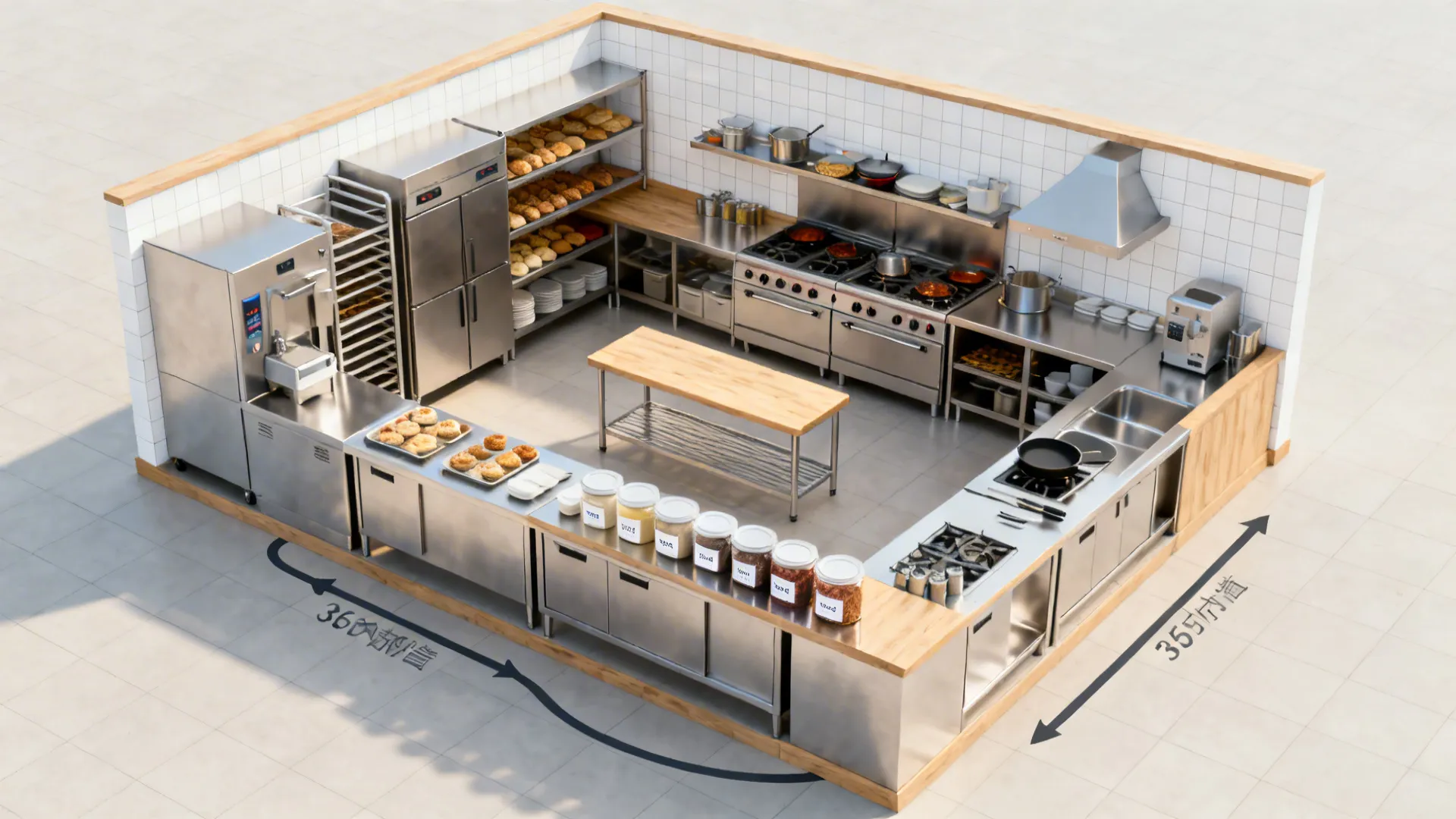 Top-down U-shaped kitchen showing receive, prep, hot cook, and finishing in an ergonomic loop.