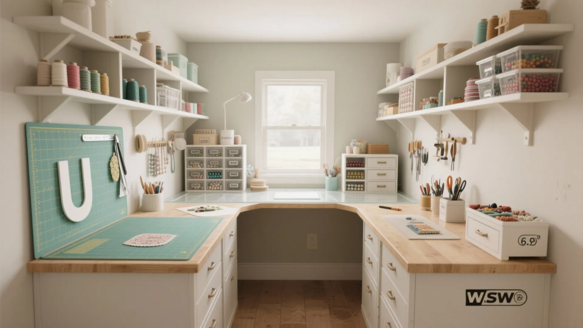 U-shaped craft alcove with dedicated cutting, assembly, and finishing zones and shallow corner shelves.