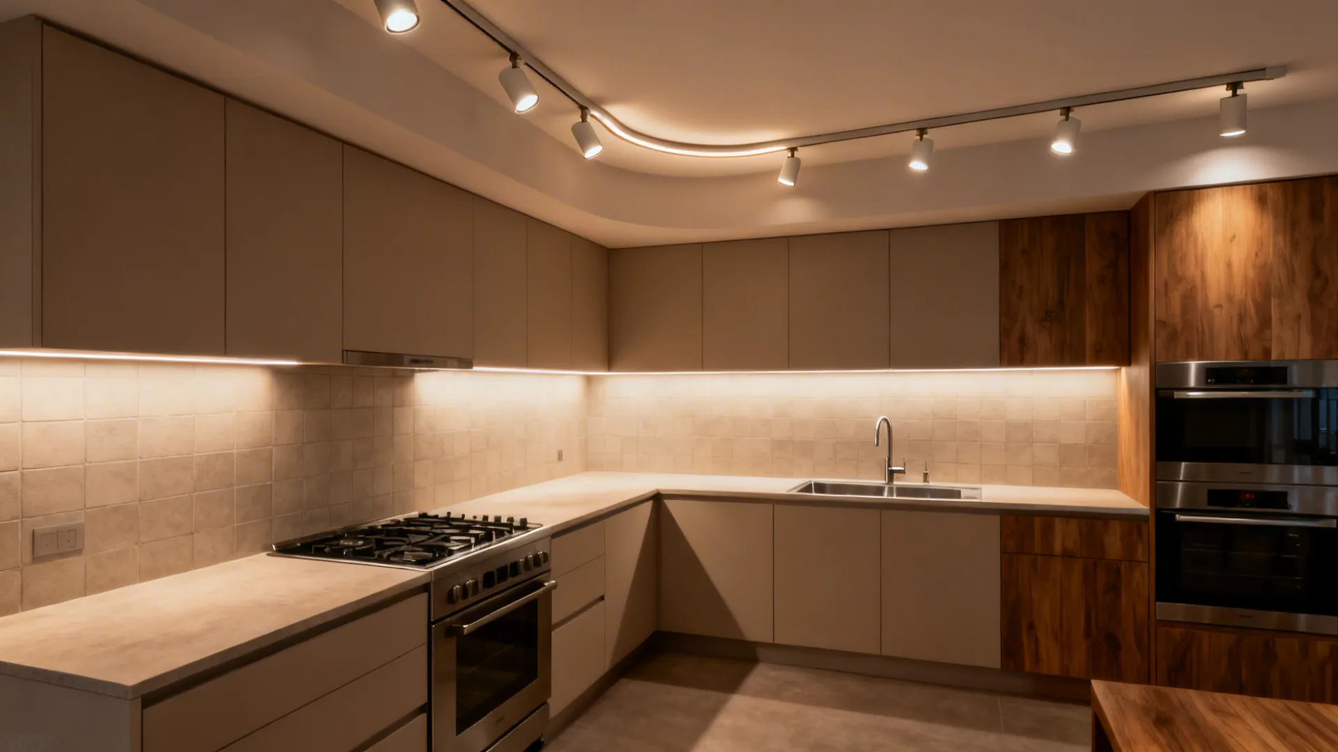 A gentle U-shaped track follows the kitchen workflow, lighting prep, stove, and sink zones evenly.
