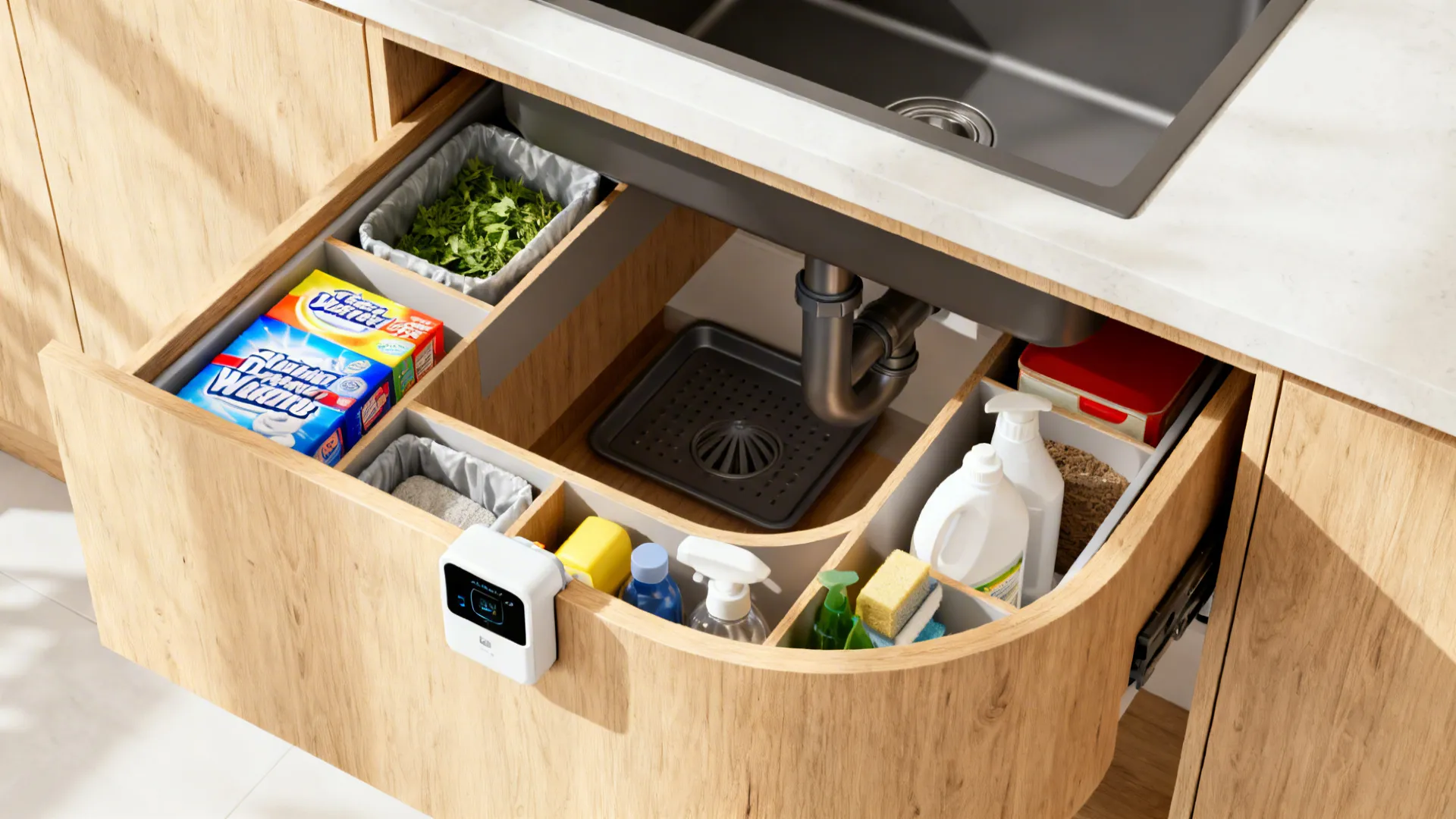 Top-down view of a U-shaped under-sink drawer organized around plumbing with a drip tray.