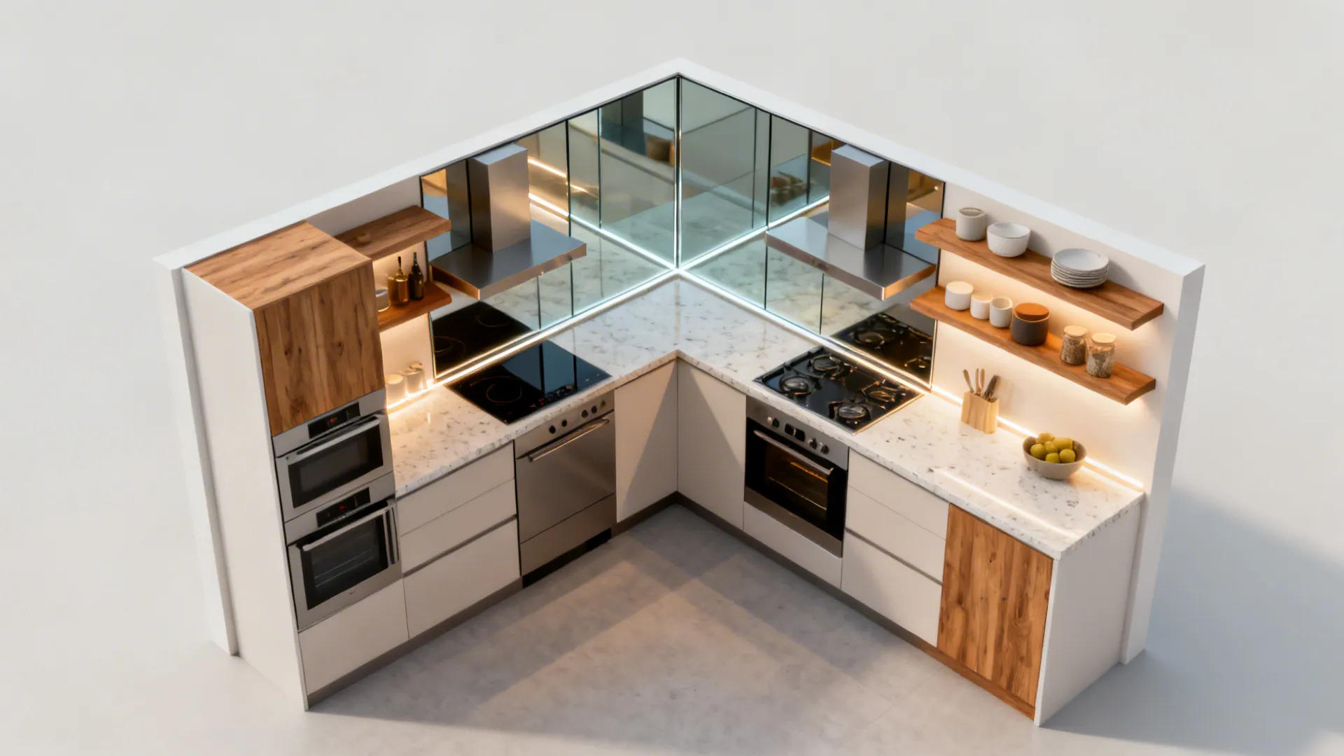 Interior design drawing of a modern corner kitchen with white cabinets marble counters and wooden shelves