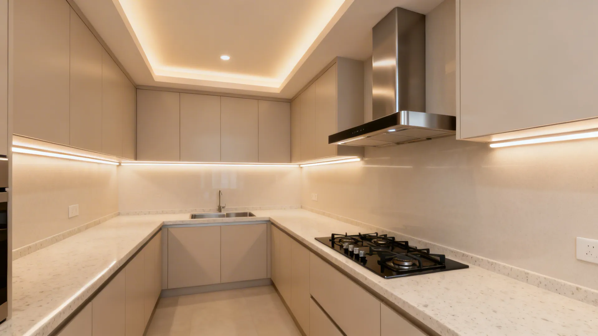 U-shaped kitchen with under-cabinet LED task lighting and a ducted chimney for fresh air.