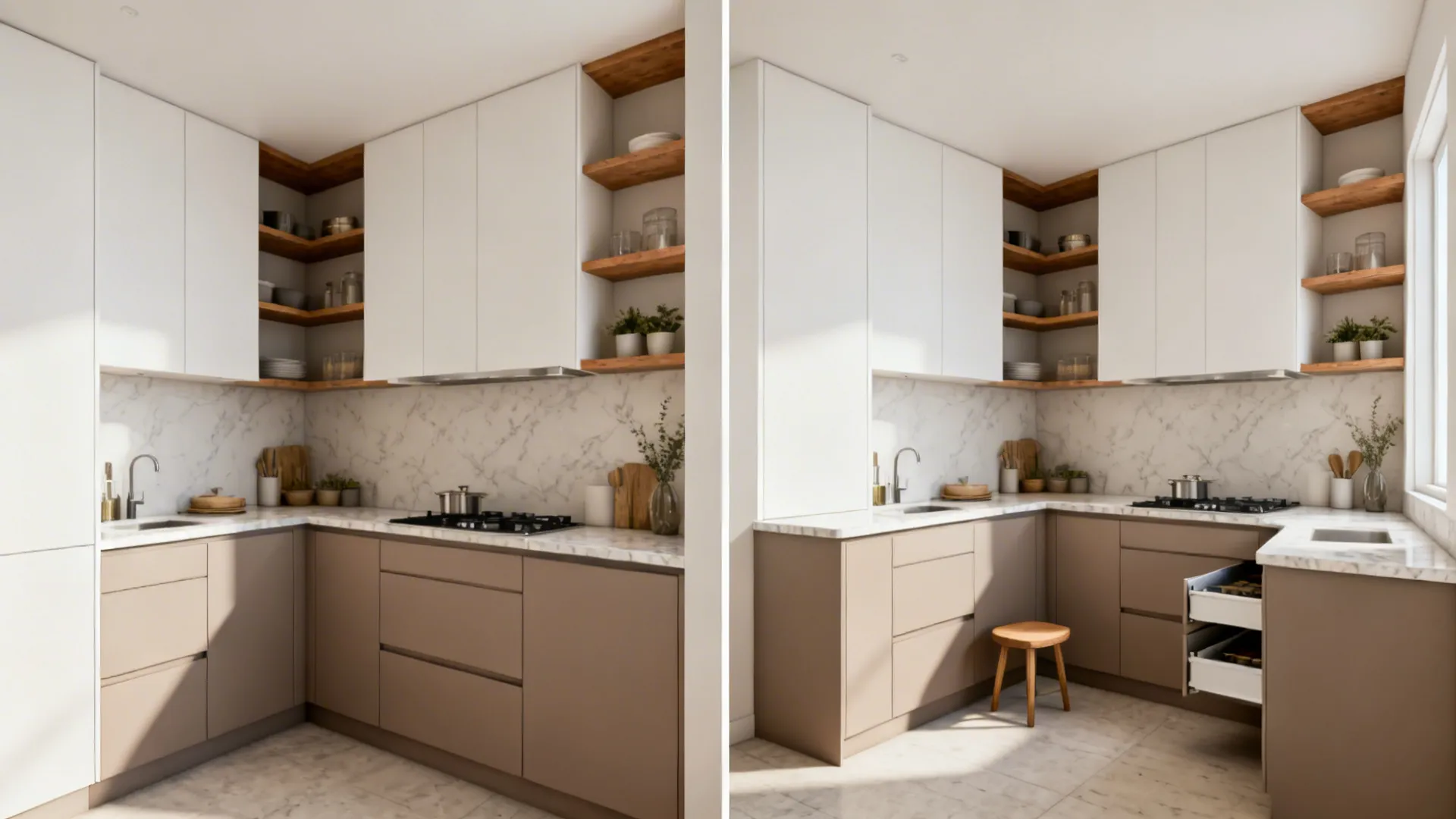 Split view showing a cramped U-shaped kitchen before and an open L-shaped layout after.