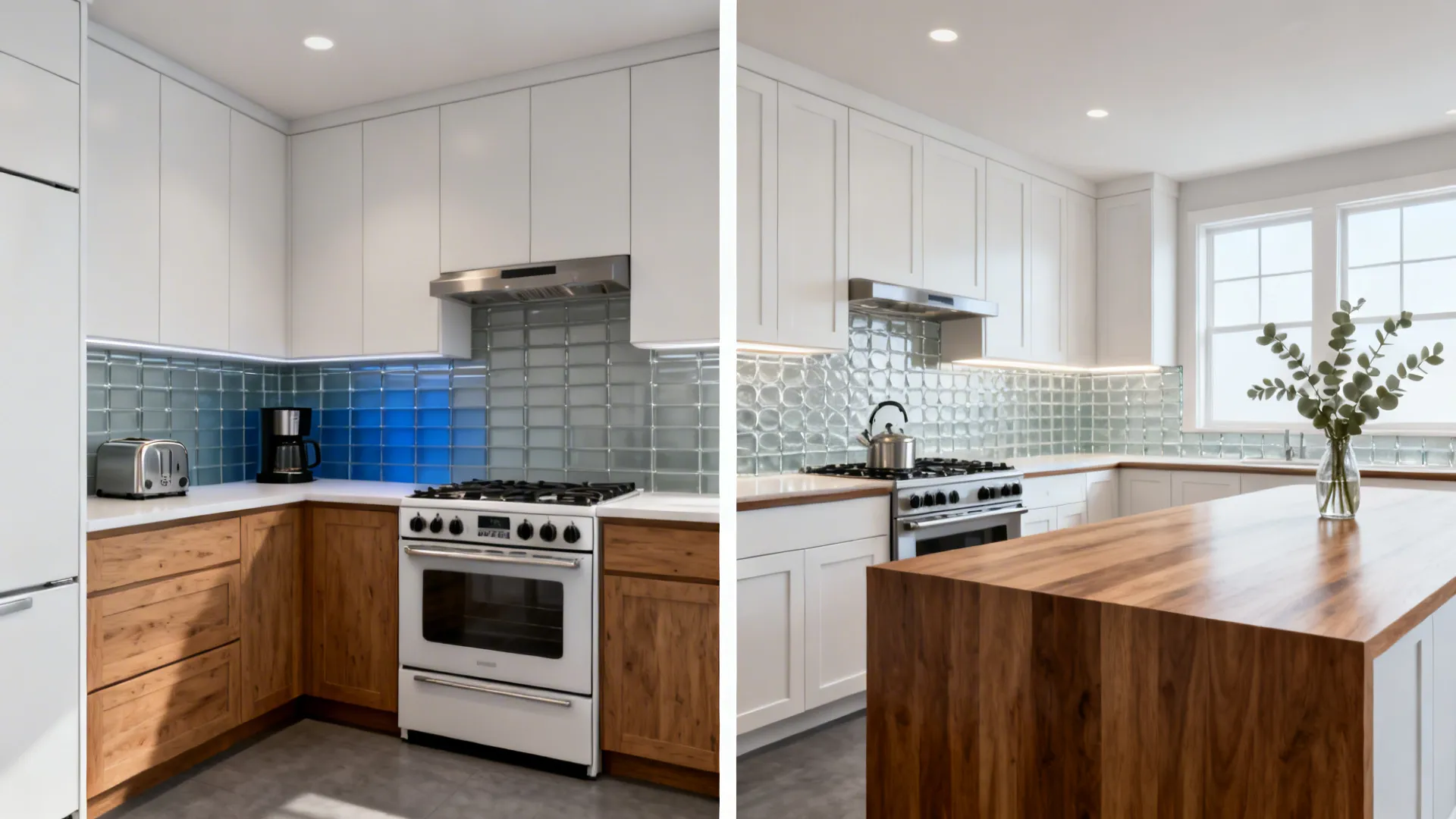 Before-and-after view showing a cramped U-shape converted to an open L-shaped kitchen.