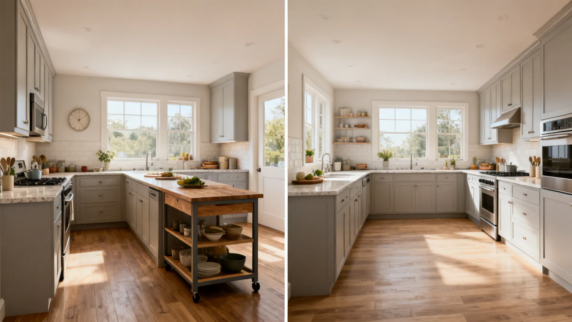Before and after comparison of kitchen renovation changing from crowded layout to an open floor