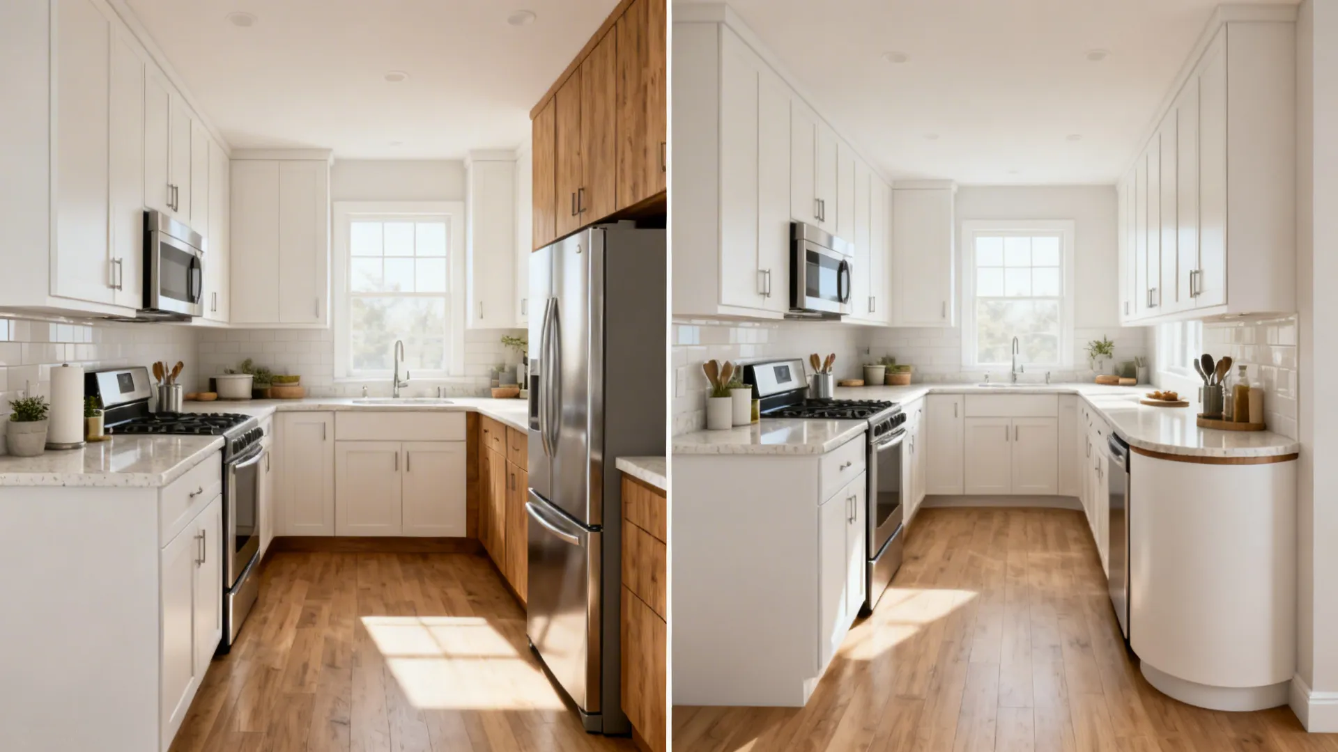 Before-and-after comparison from a cramped U-shape to a streamlined L-shaped small kitchen.