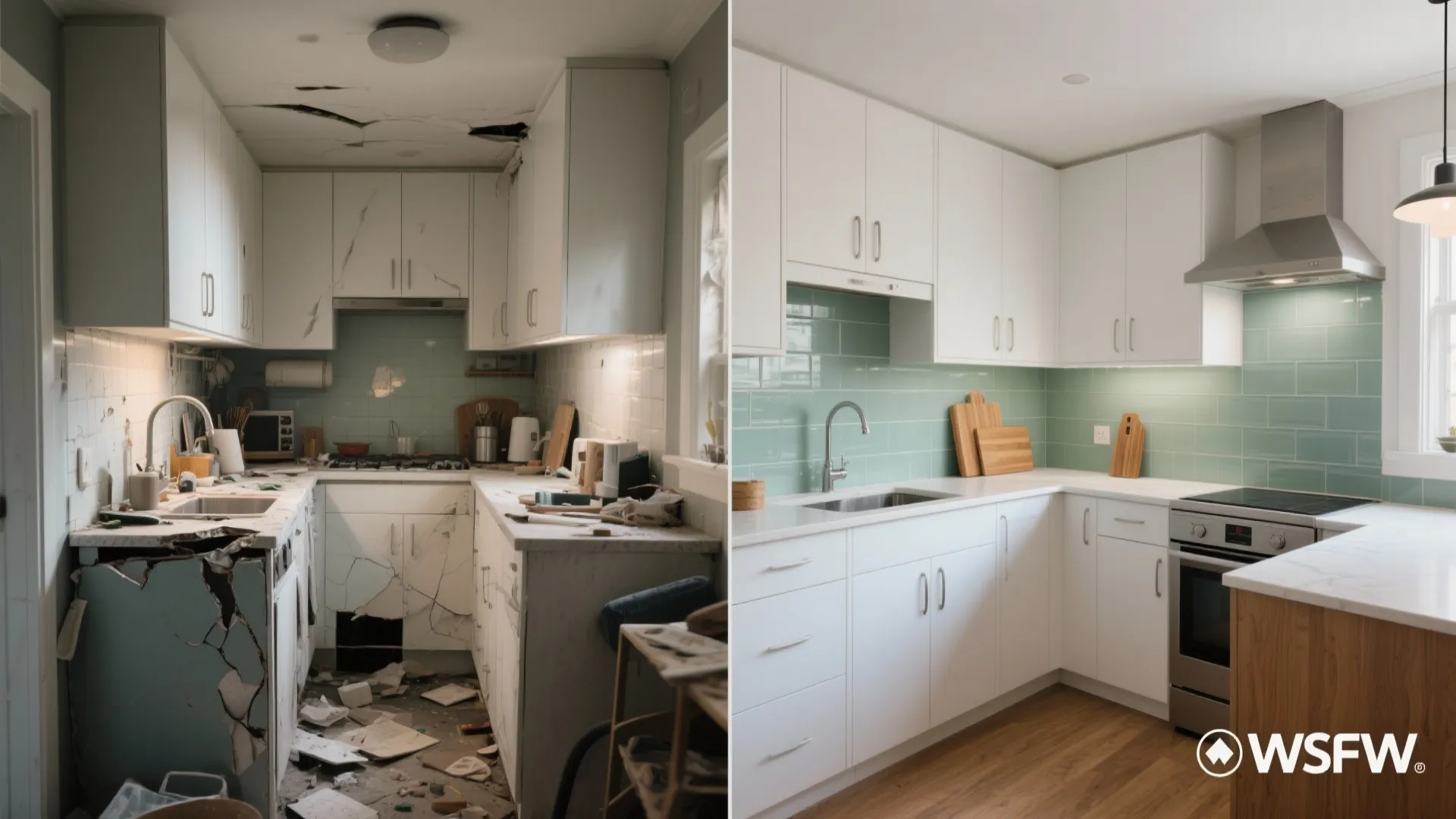 Before-and-after view showing a cramped U-shape transformed into a clean L-shaped kitchen.