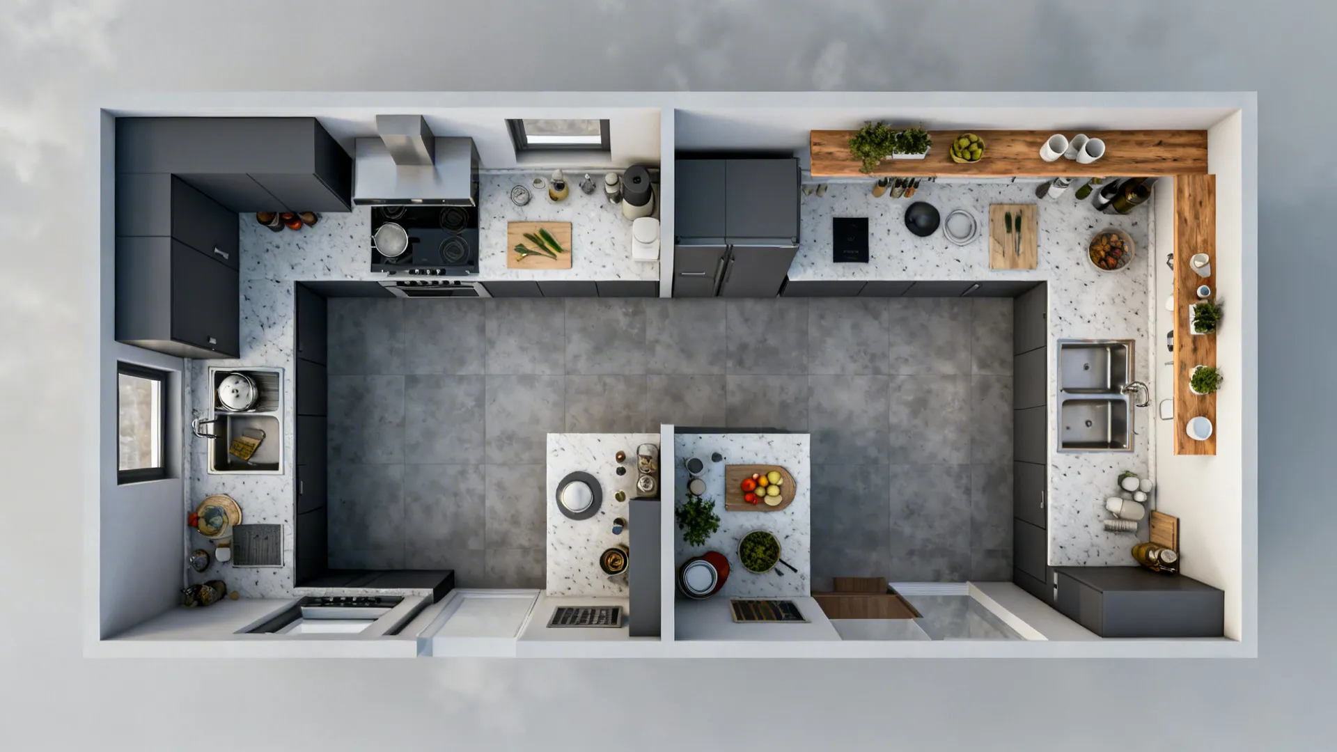 Top-down comparison of a U-shaped kitchen versus an efficient L-shaped layout.