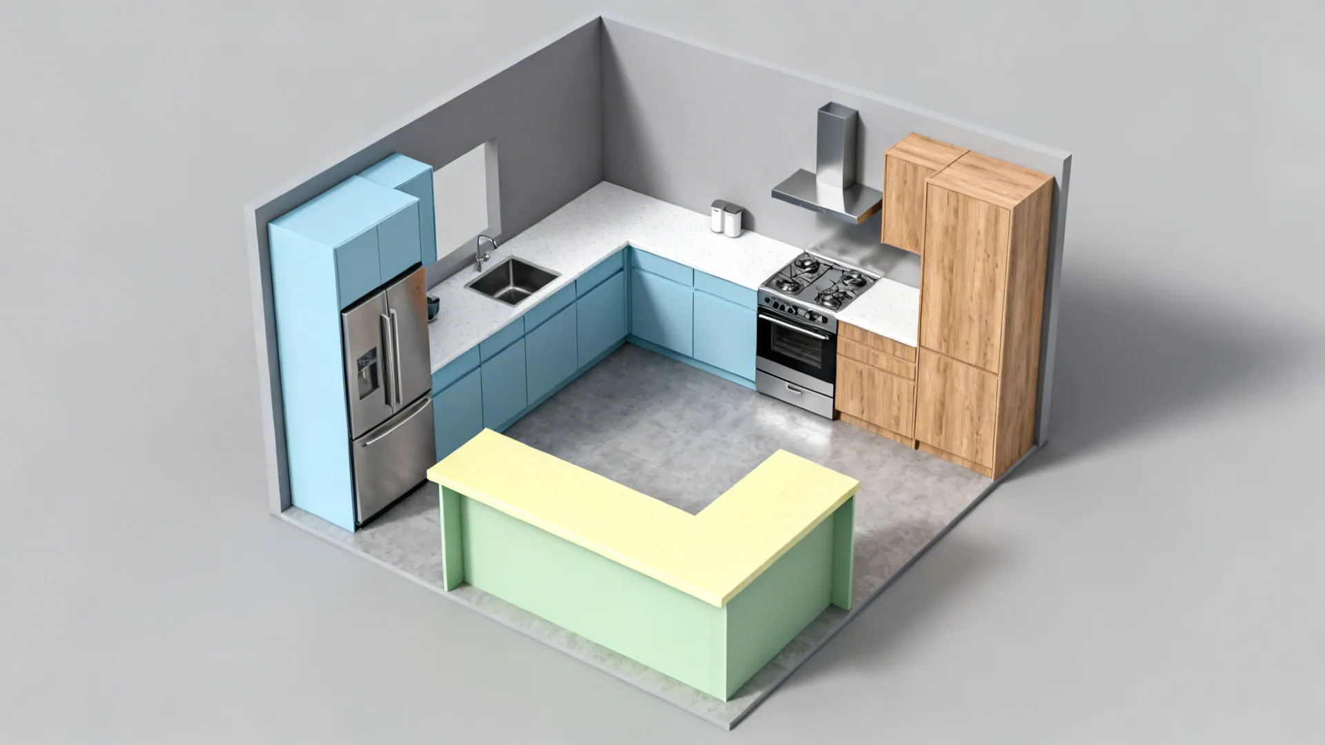 Top-down view illustrating a small kitchen’s change from U-shape to L-shape with more counter space.