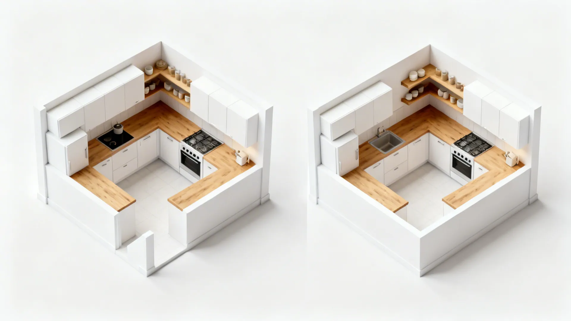 Top-down comparison of U-shaped versus L-shaped layout in a tiny kitchen.
