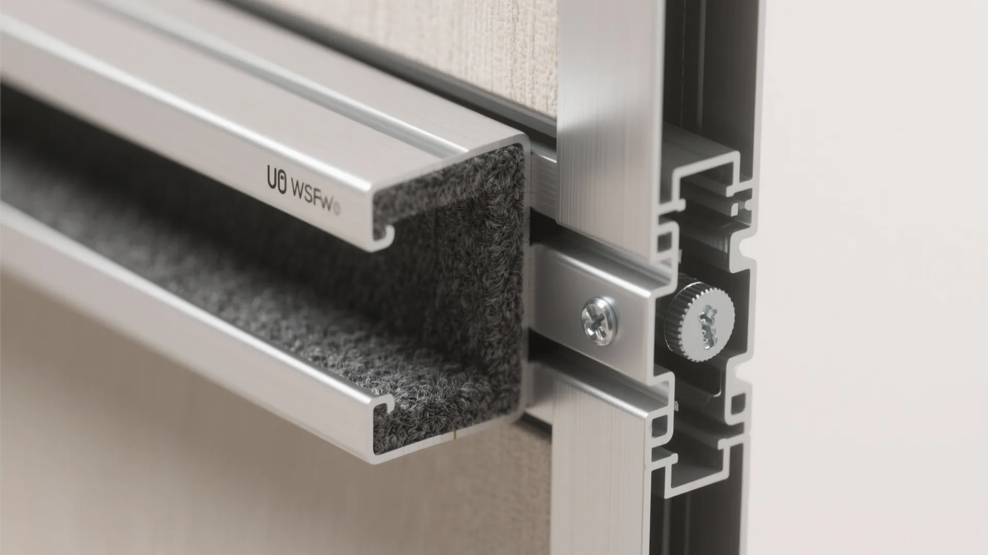 Close up of silver metal track with dark grey soft liner and silver mounting screws
