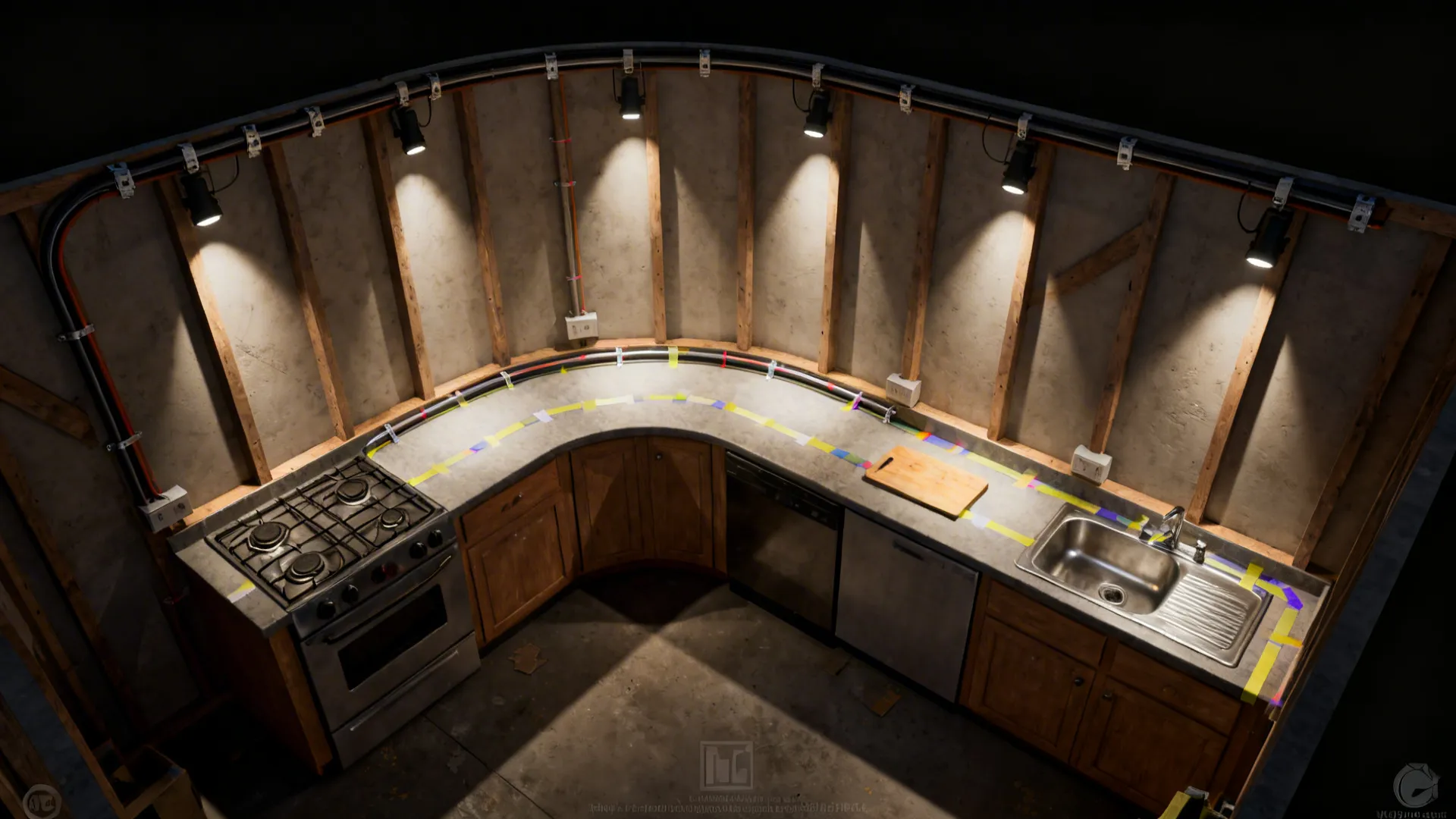 Top-down visualization of a U-shaped track with bend radius, anchors, and head positions over kitchen zones.