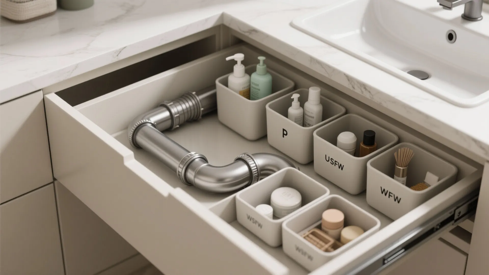 U-shaped under-sink drawer organized around a P-trap with compartments and soft-close runners.