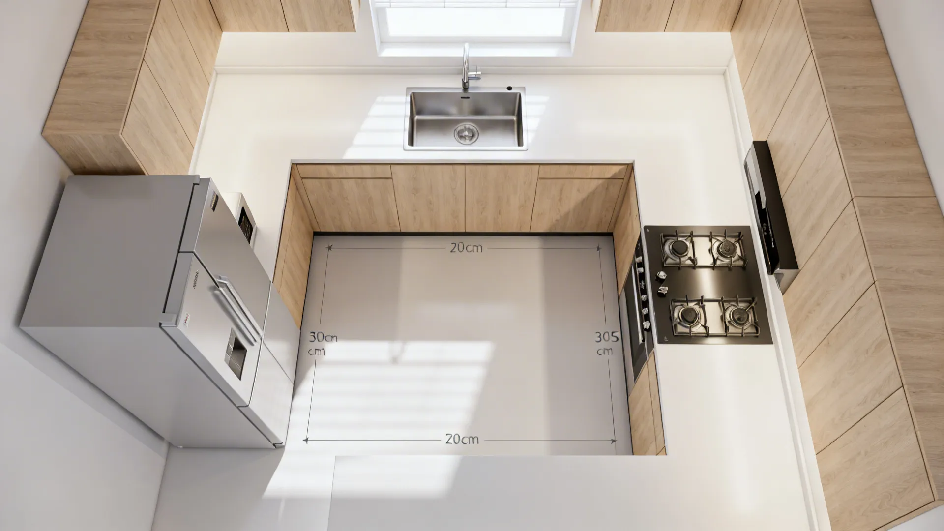 Top-down view highlighting sink, cooktop, fridge triangle and clear landing zones in a U kitchen.