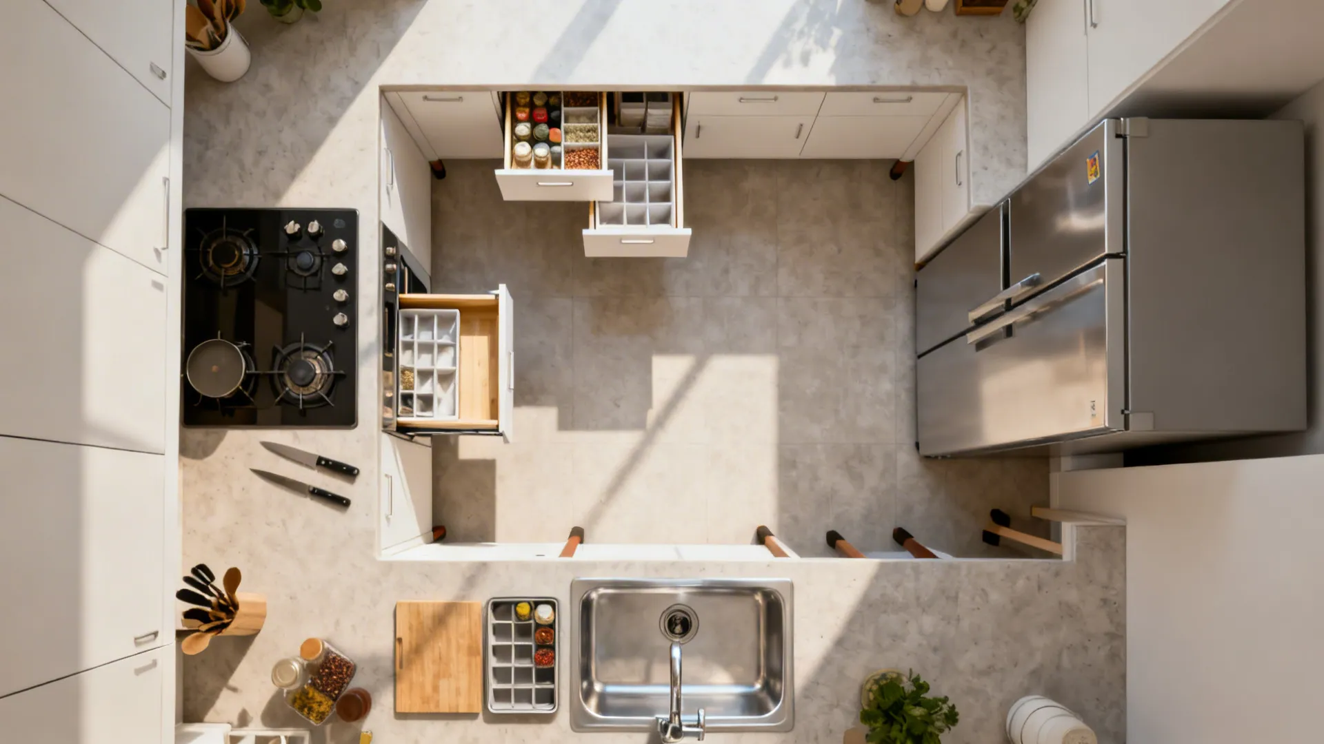 Top-down view of a U-shaped kitchen showing sink, cooktop, fridge triangle and zoned drawers.