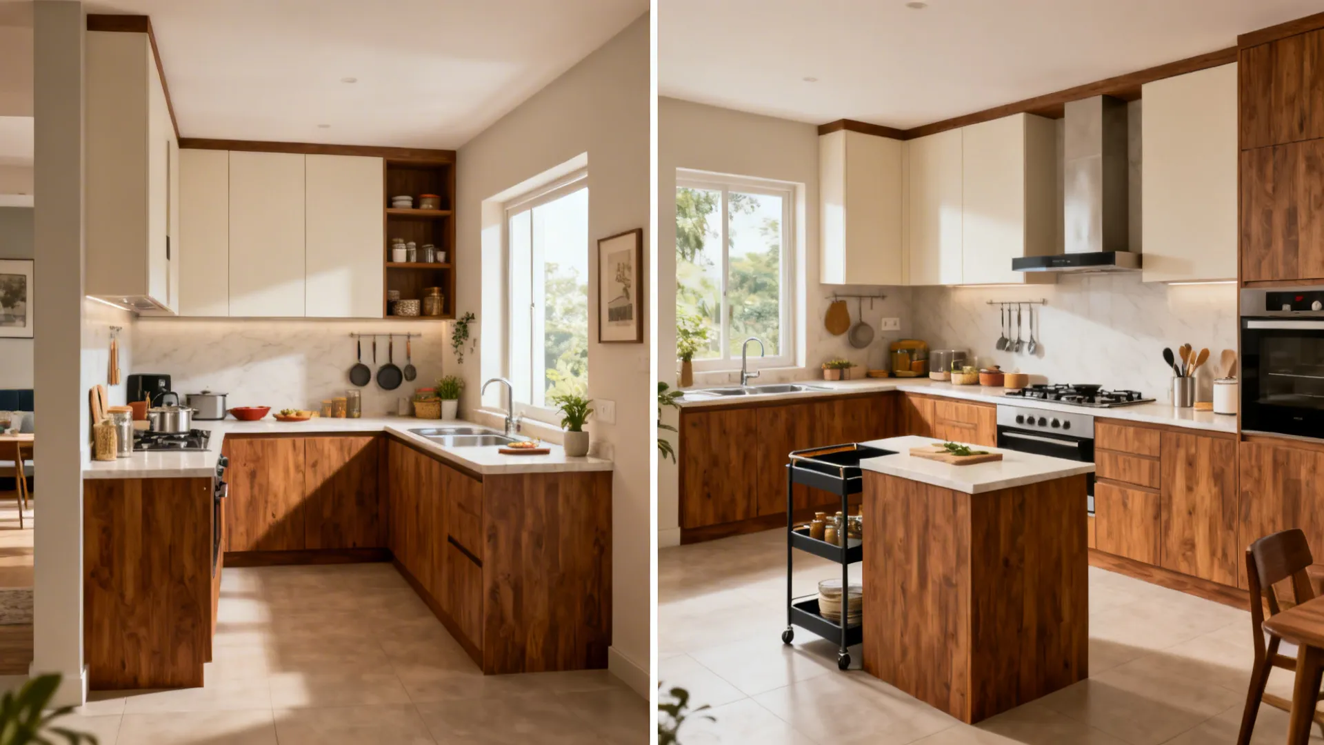 Side-by-side view of compact L-shaped and U-shaped modular kitchen layouts.