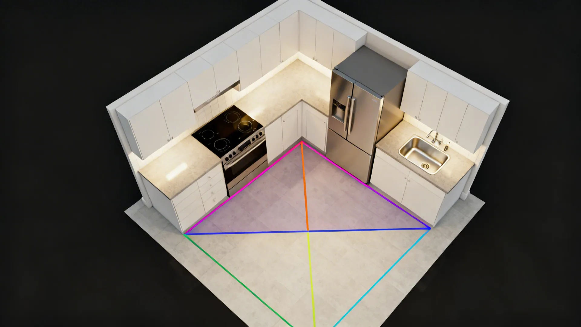 Top-down plan of a 10x10 U-shaped kitchen showing a tight work triangle and ~40-inch aisles with slim appliances.