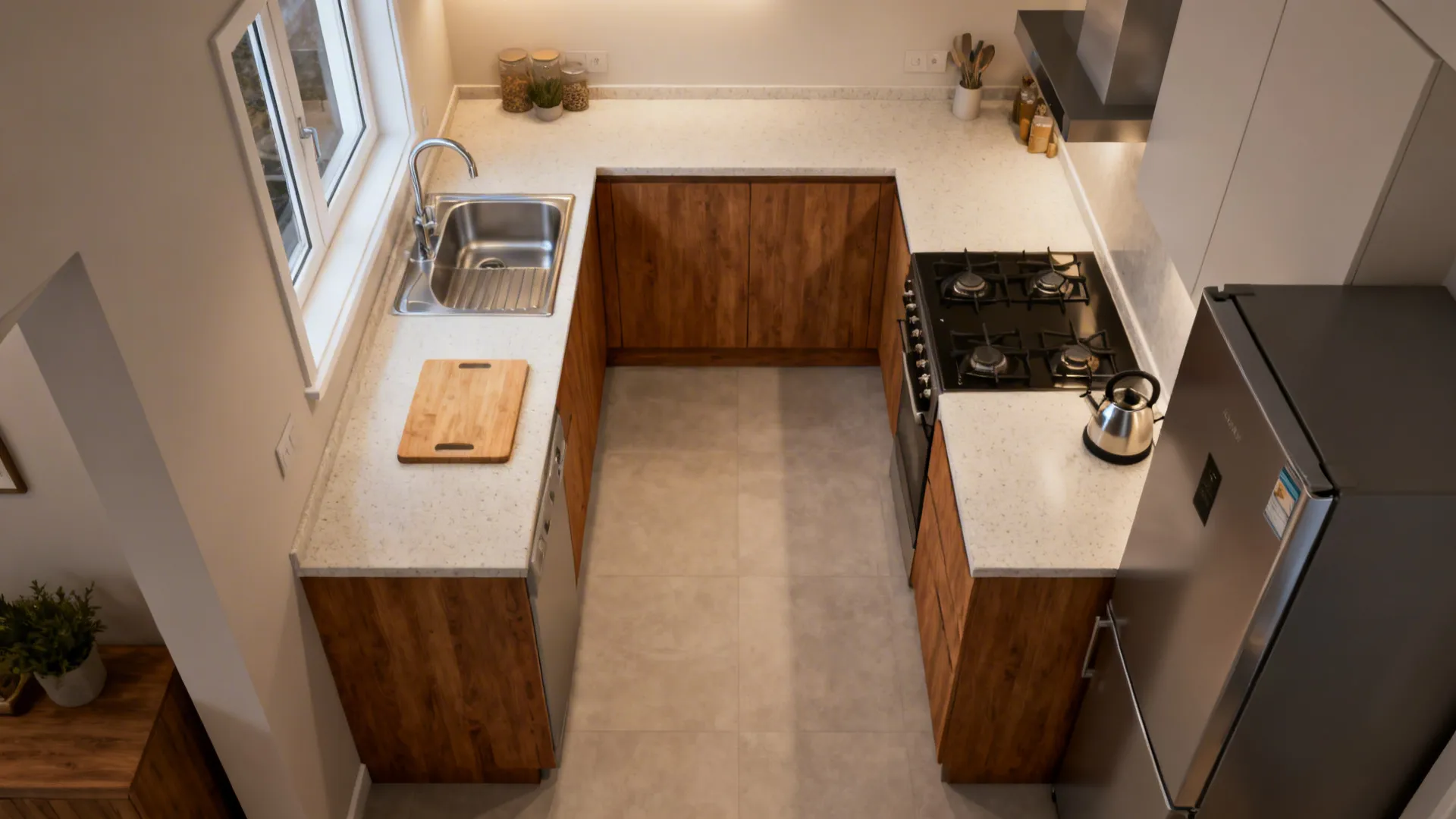 Top-down view of U-shaped kitchen zoning with sink, hob, and fridge forming a clear triangle.