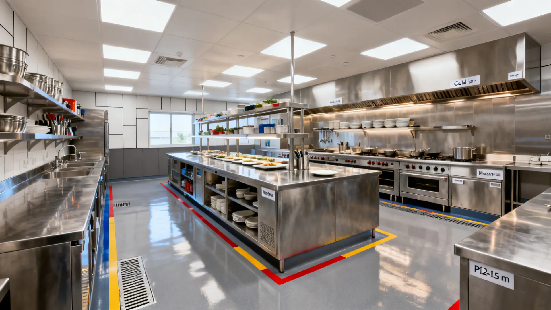 U-shaped hotel kitchen layout showing cold prep, hot line, and pass with clear aisles.