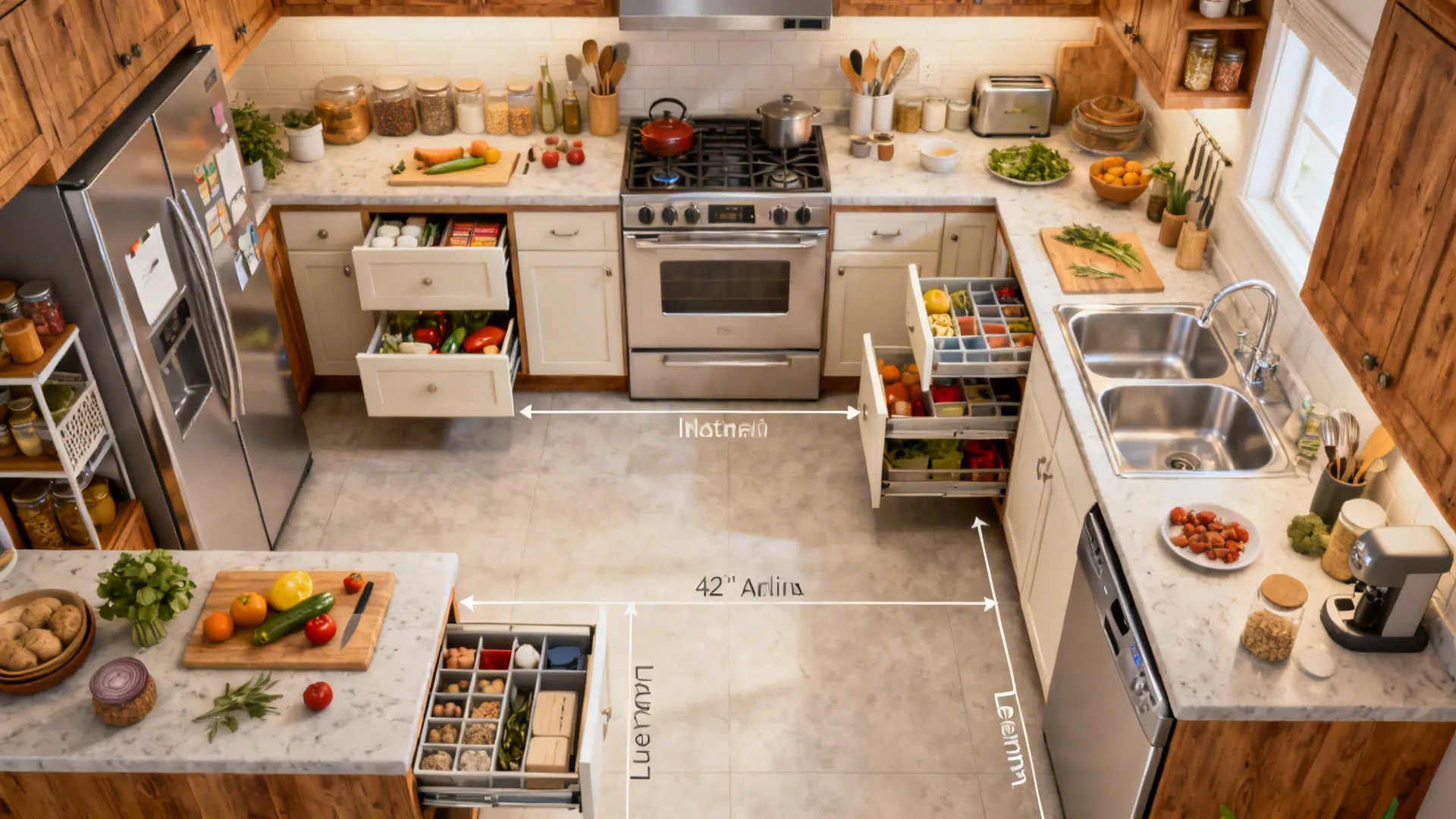 Top-down view of a U-shaped kitchen showing prep, cook, and clean zones with efficient storage.