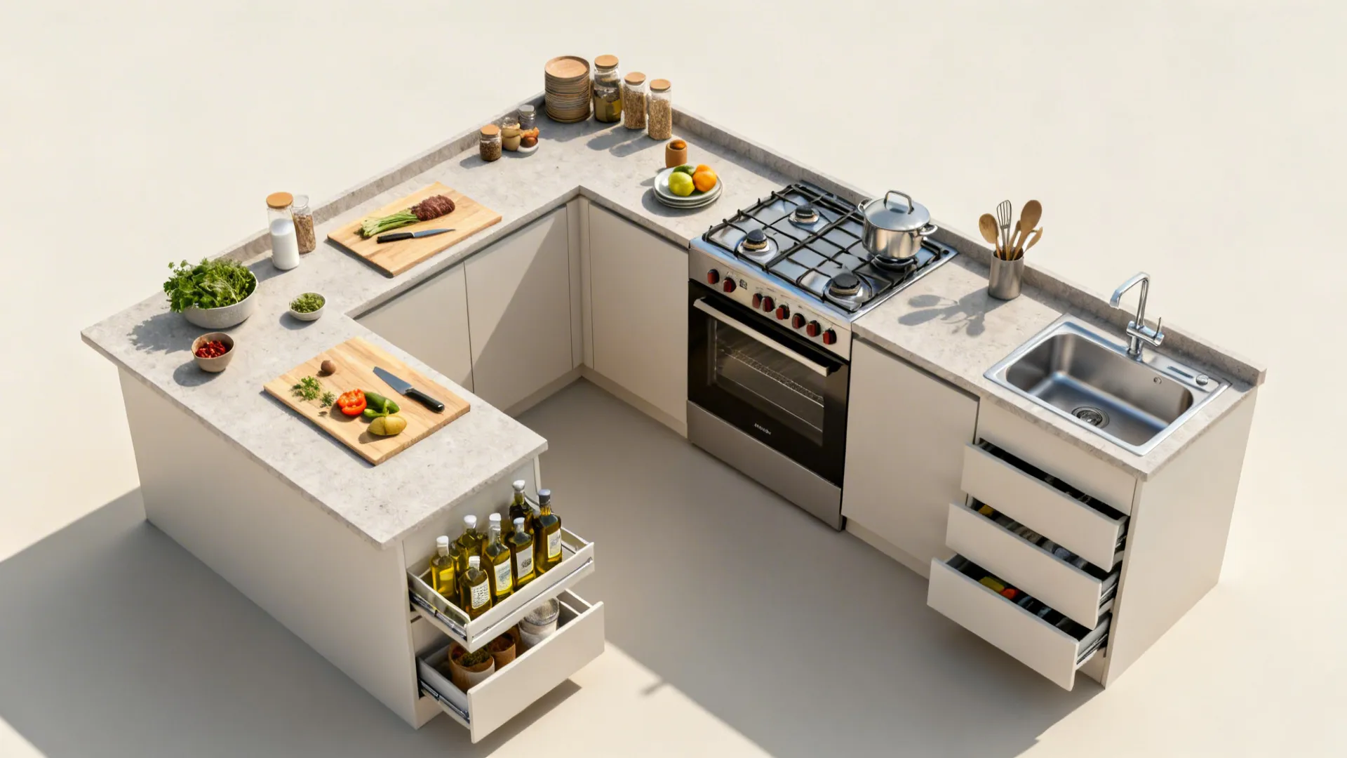 Top-down visualization of prep, cook, and clean zones in a slim U-shaped micro-kitchen.