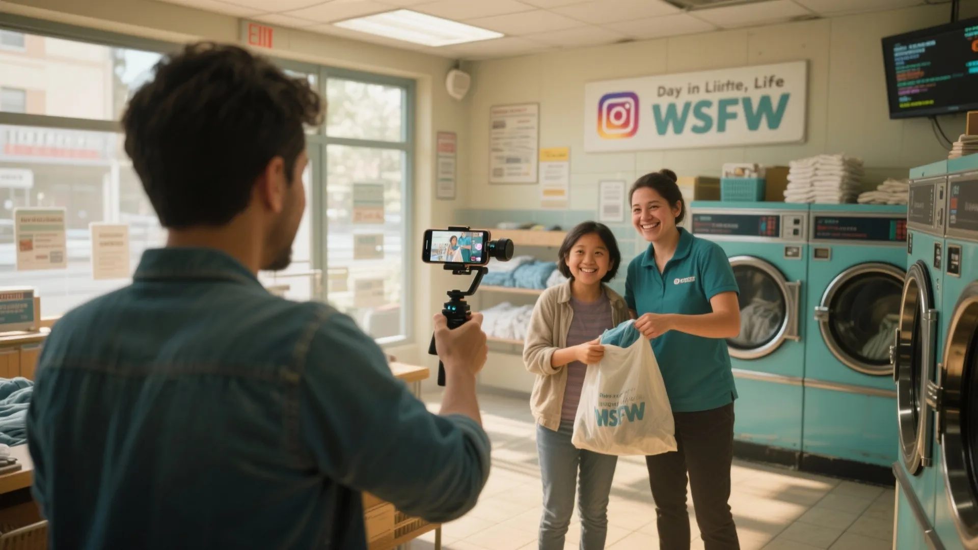 Micro-influencer filming a candid laundromat clip with a smartphone, showing a parent drop-off and curated shop vignette.