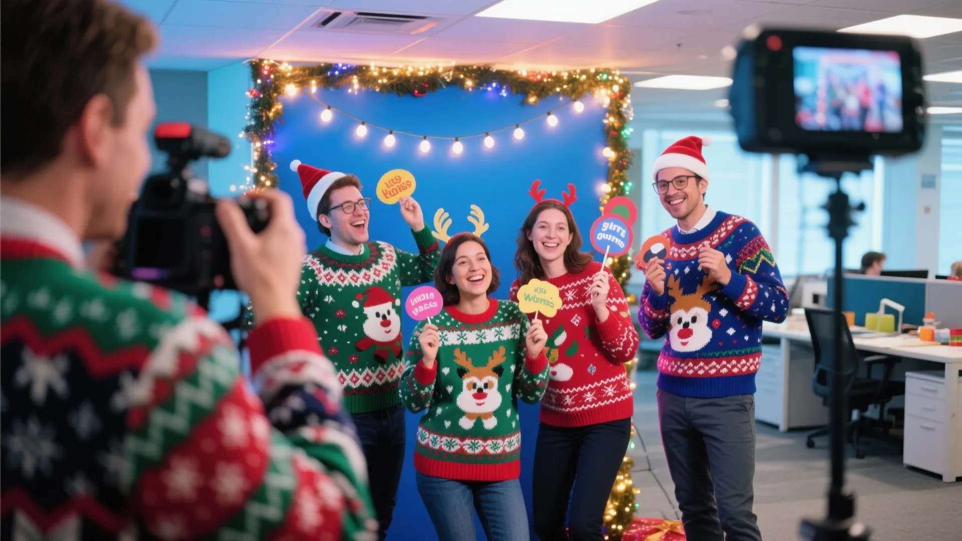 Group of coworkers posing in ugly sweaters in an office photo booth