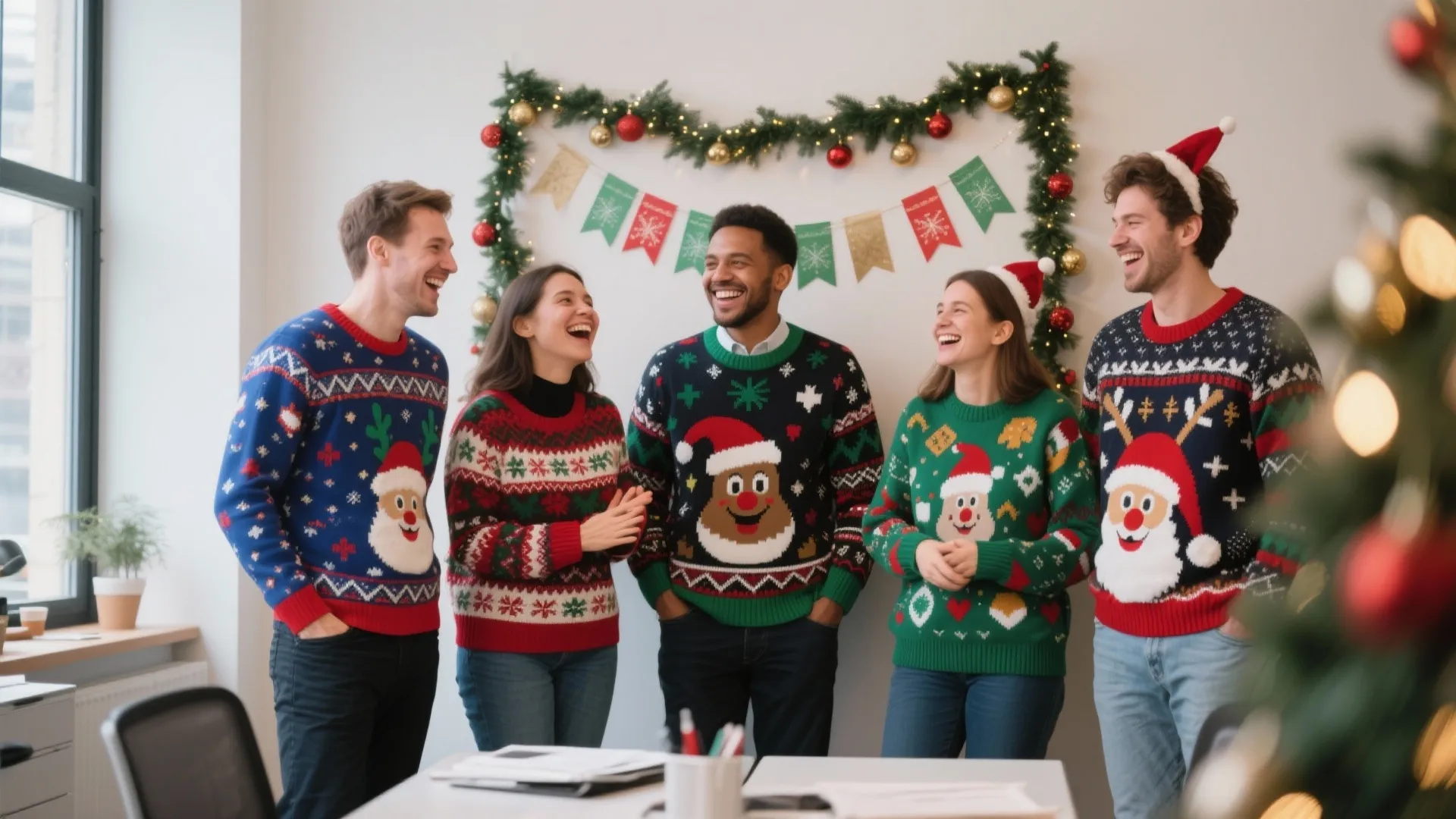 Five smiling colleagues wearing colorful holiday sweaters while standing in a decorated office during Christmas