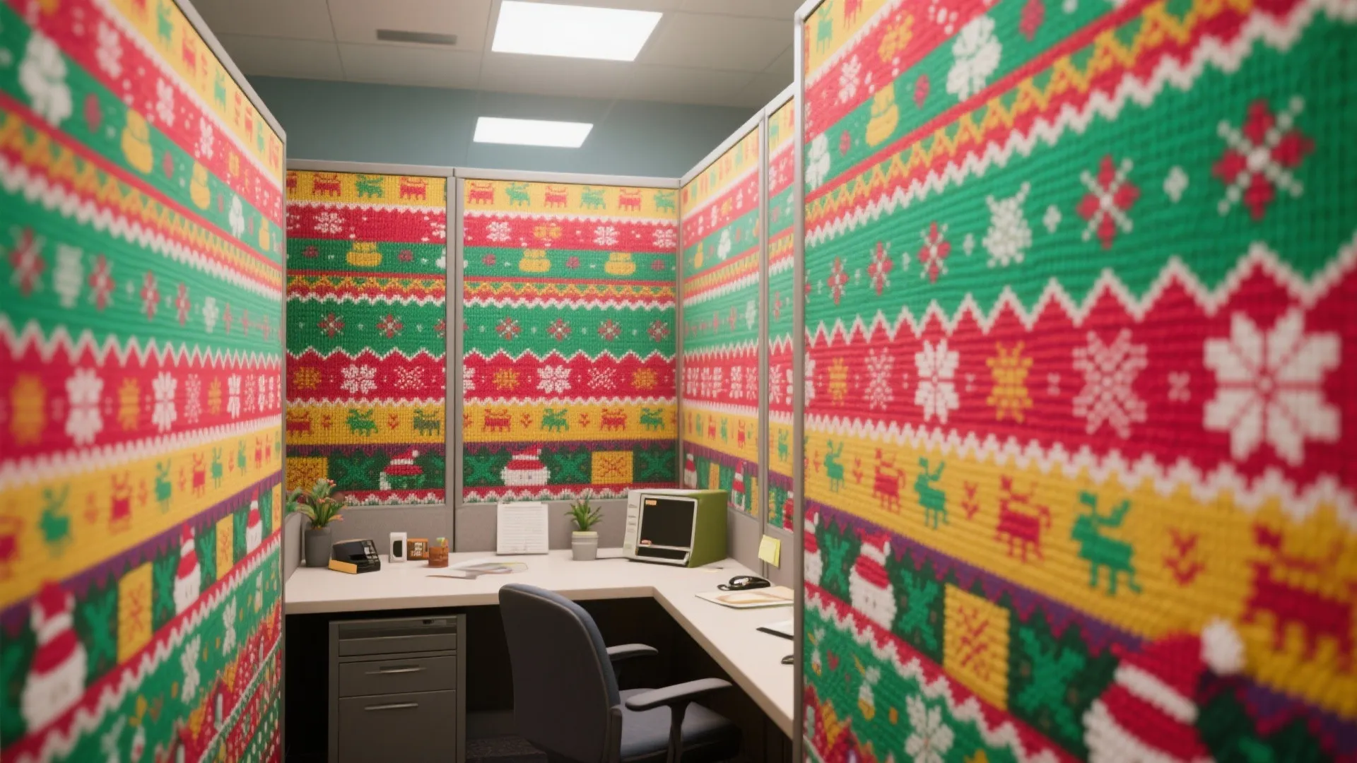 Office cubicle with walls covered in colorful Christmas sweater patterns including reindeer and snowflake designs
