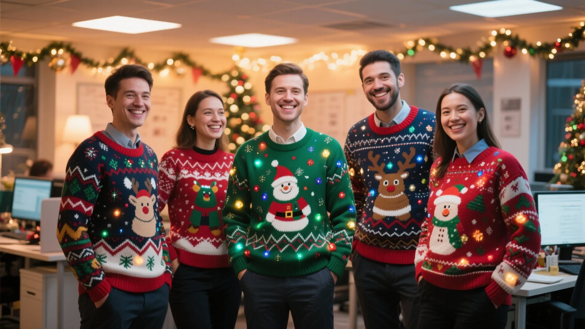 Office team wearing brightly colored ugly Christmas sweaters