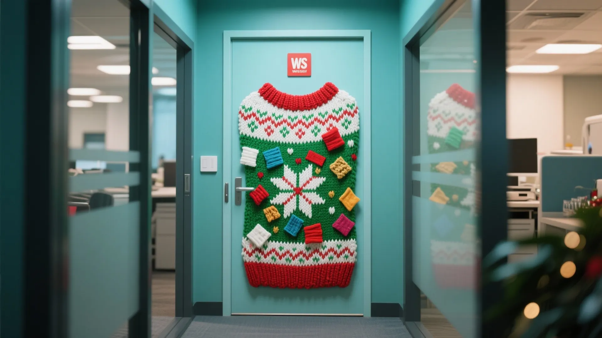 Blue office door decorated with a large green and white knitted holiday sweater festive design