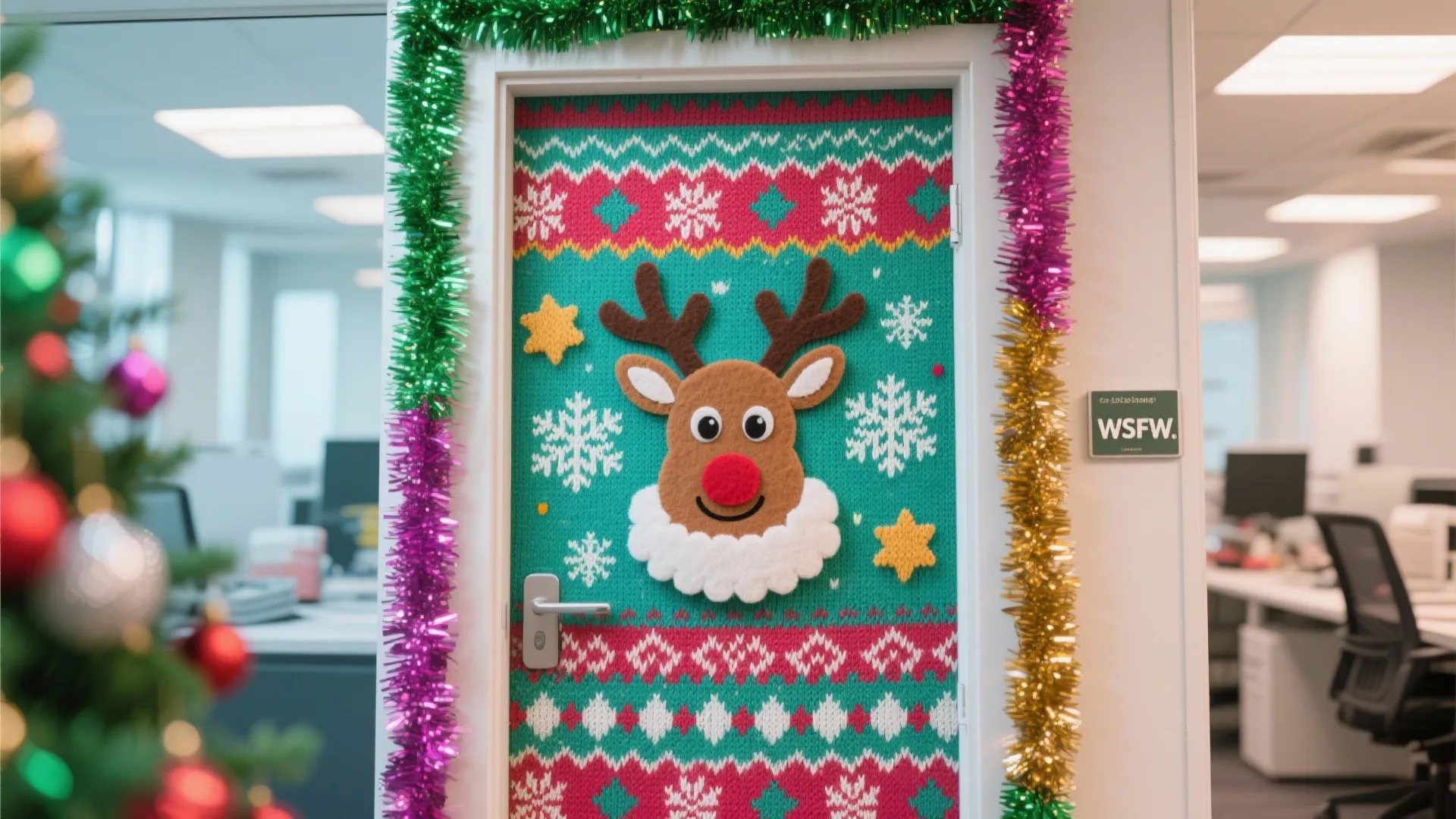 Office door covered in reindeer sweater pattern with colorful tinsel garland and a Christmas tree