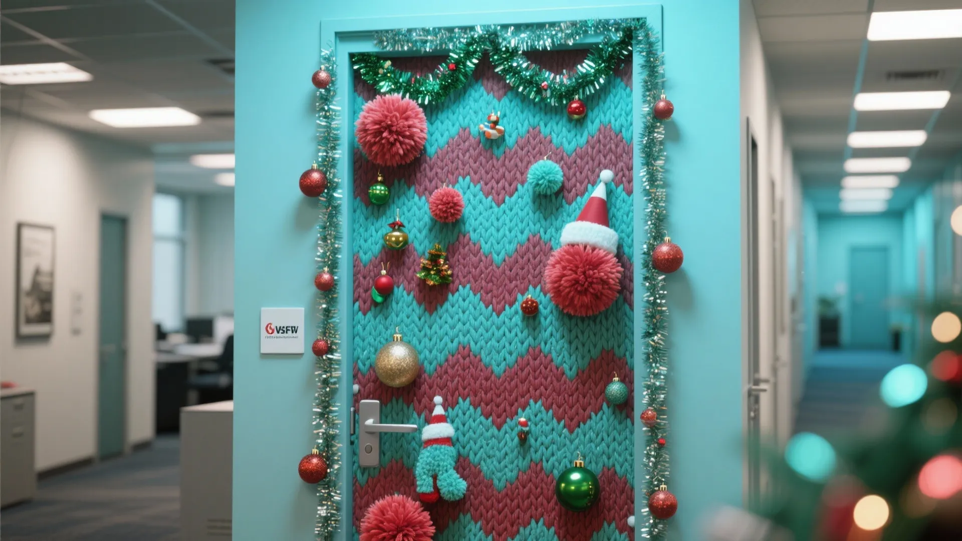Office door decorated with pink and blue sweater patterns plus red ornaments and green tinsel