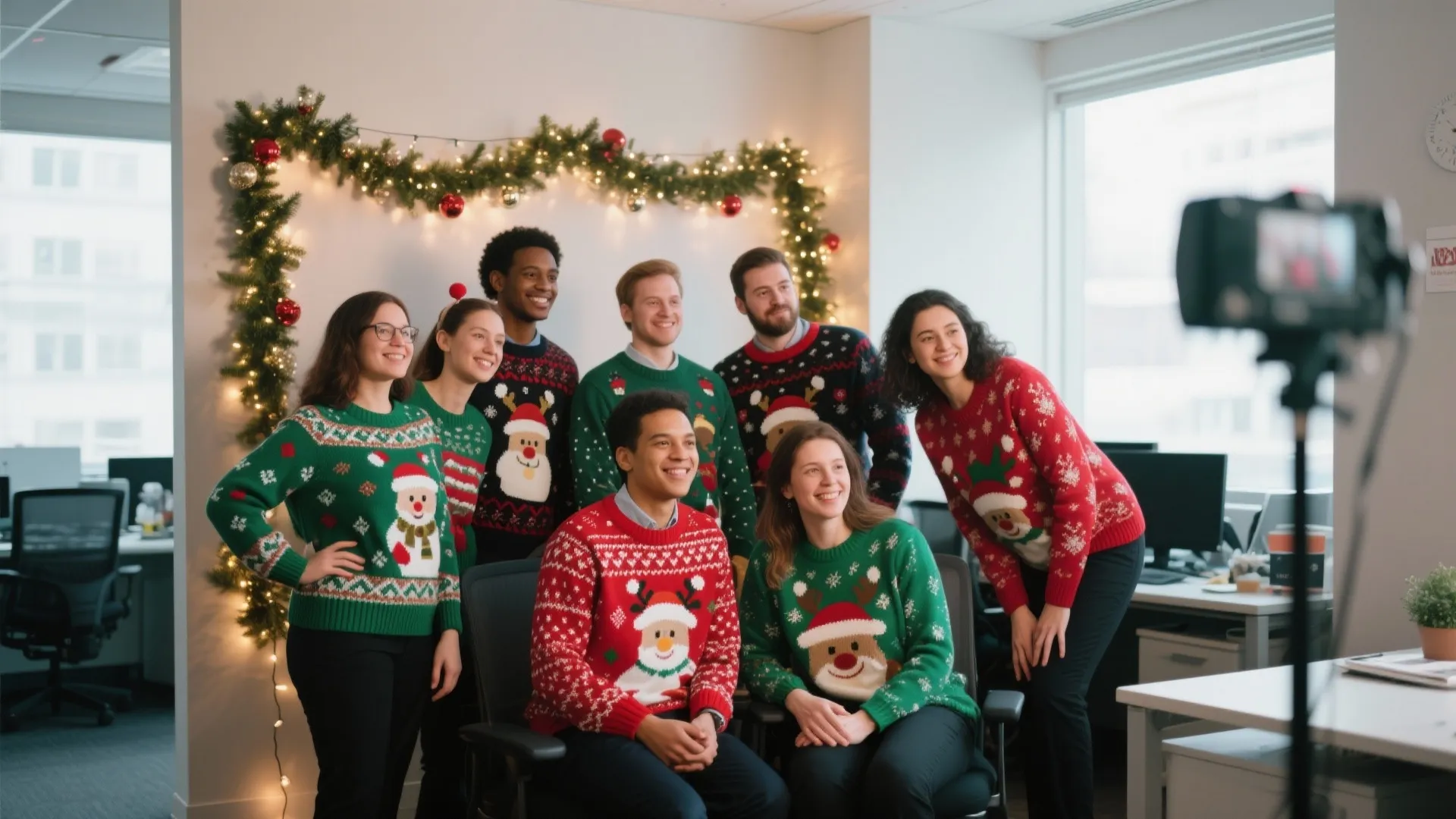 Diverse office team wearing holiday sweaters posing for group photo in front of festive lights