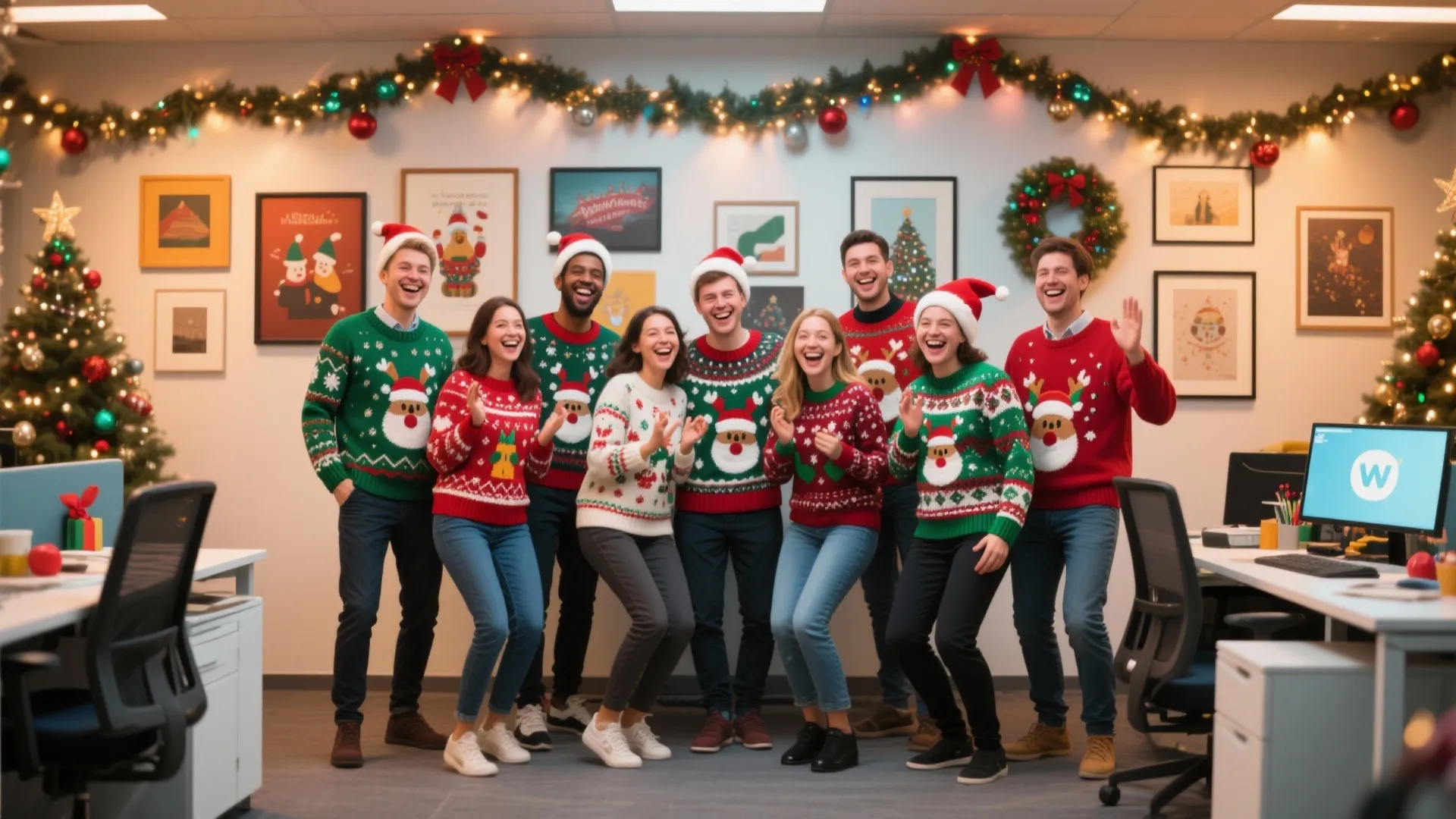 Happy office coworkers wearing colorful christmas sweaters and santa hats in a decorated festive workspace